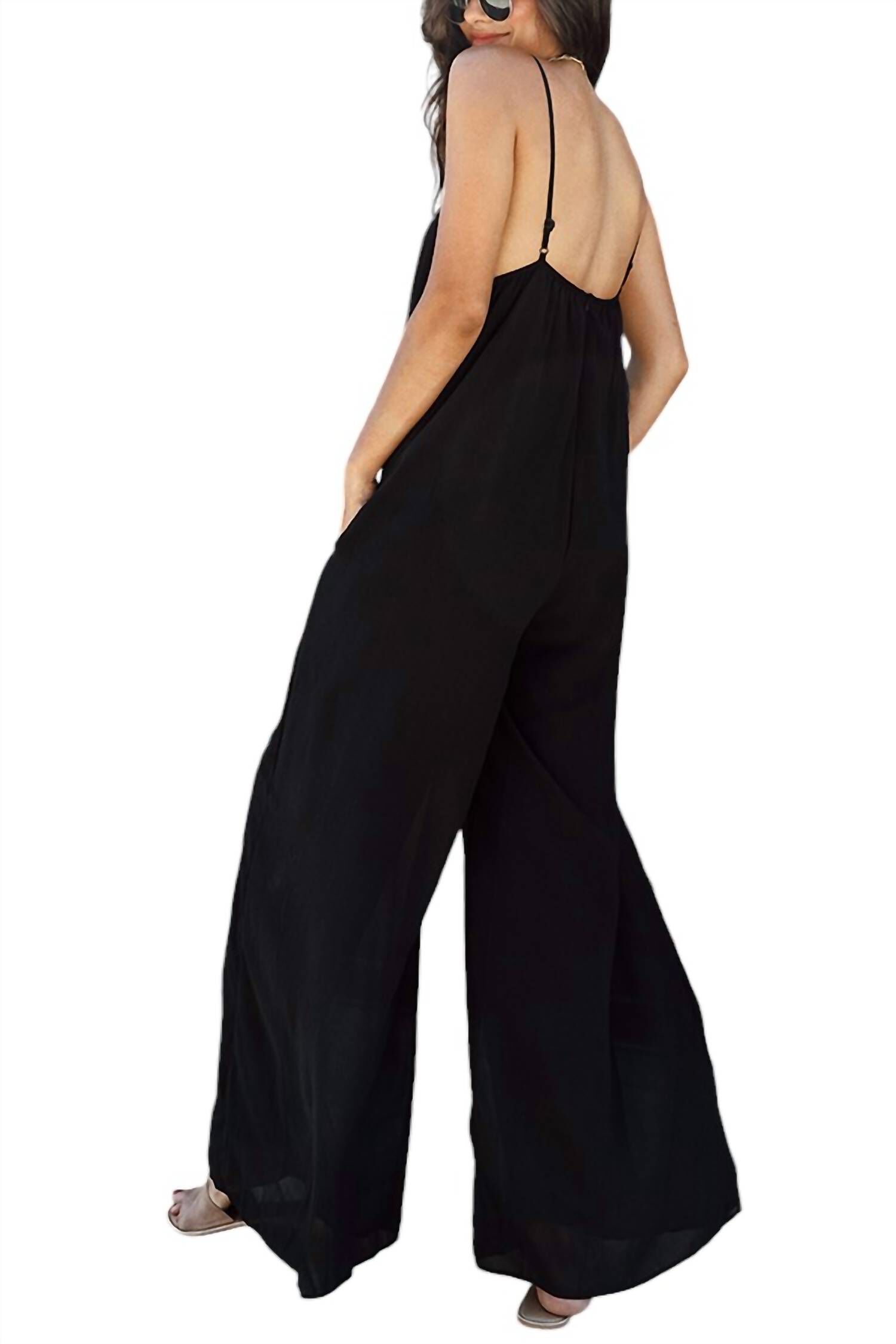 Pleated V Neck Jumpsuit Side Pocket, Black / Black, alternate image number 2