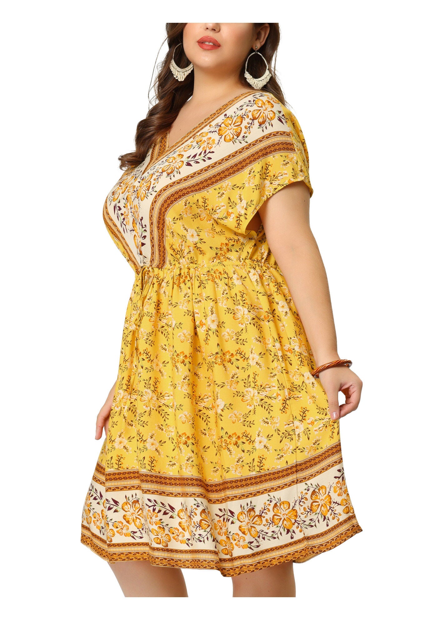 Boho Summer V Neck Drawstring Waist Short Sleeve Floral Print Dress, Yellow / Yellow, alternate image number 2