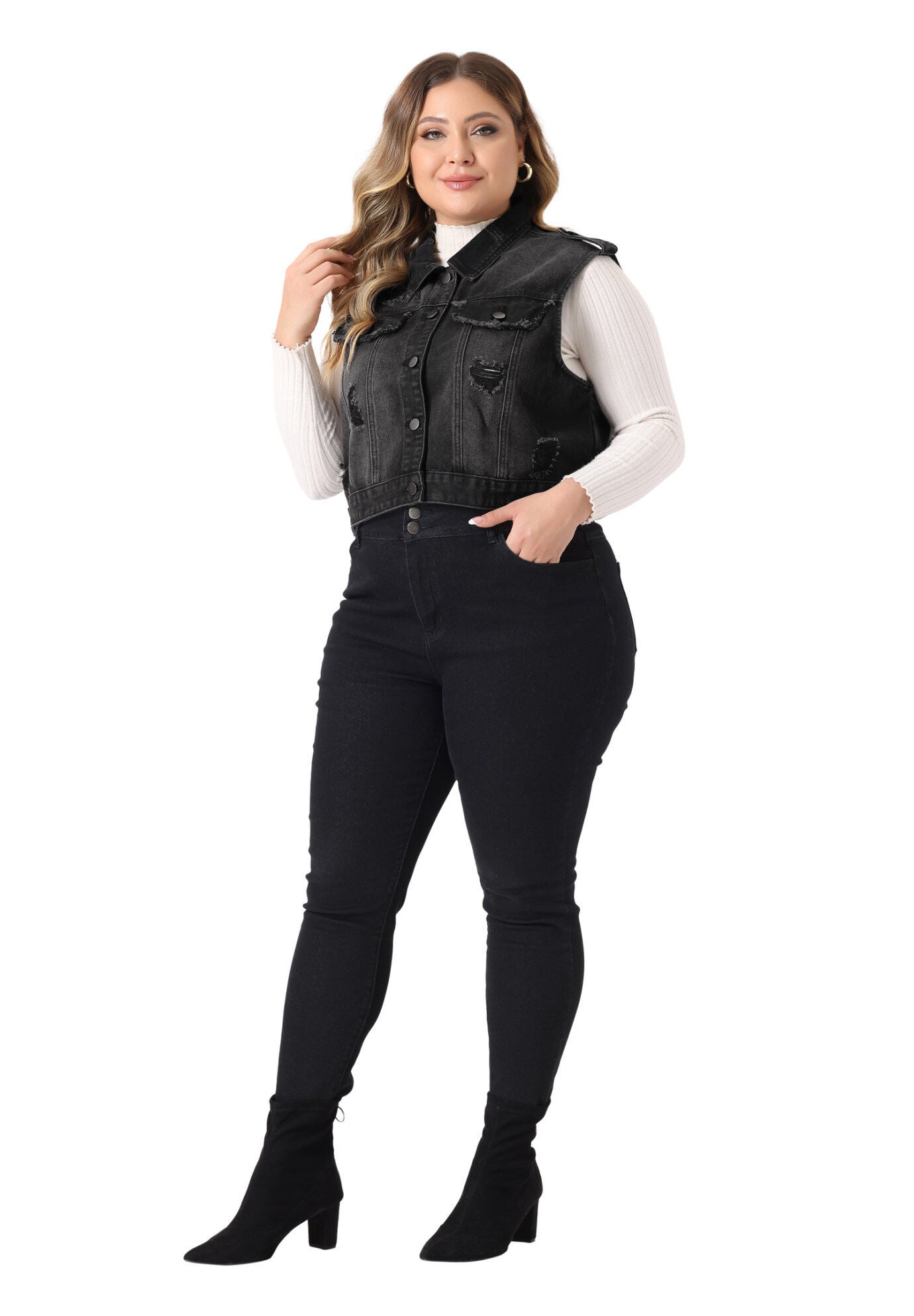 SLEEVELESS BUTTON JEAN CROP DENIM VEST, Black / Black, hi-res image number 0