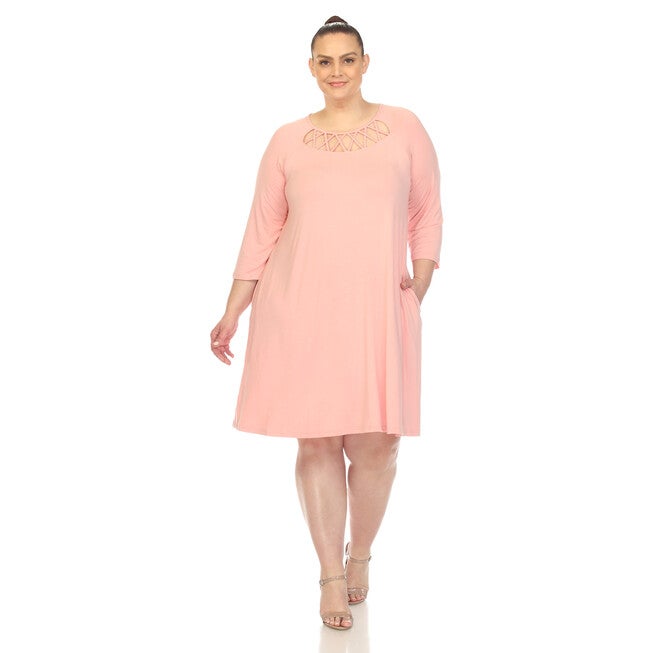 White Mark Women's Criss Cross Neckline Swing Midi Dress, Rose / Pink, alternate image number null