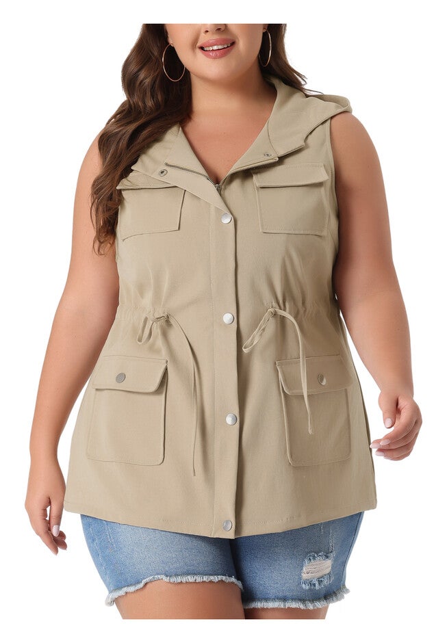 DRAWSTRING LIGHTWEIGHT SLEEVELESS CARGO HOODED ANORAK UTILITY VEST, Khaki / Tan, alternate image number 1