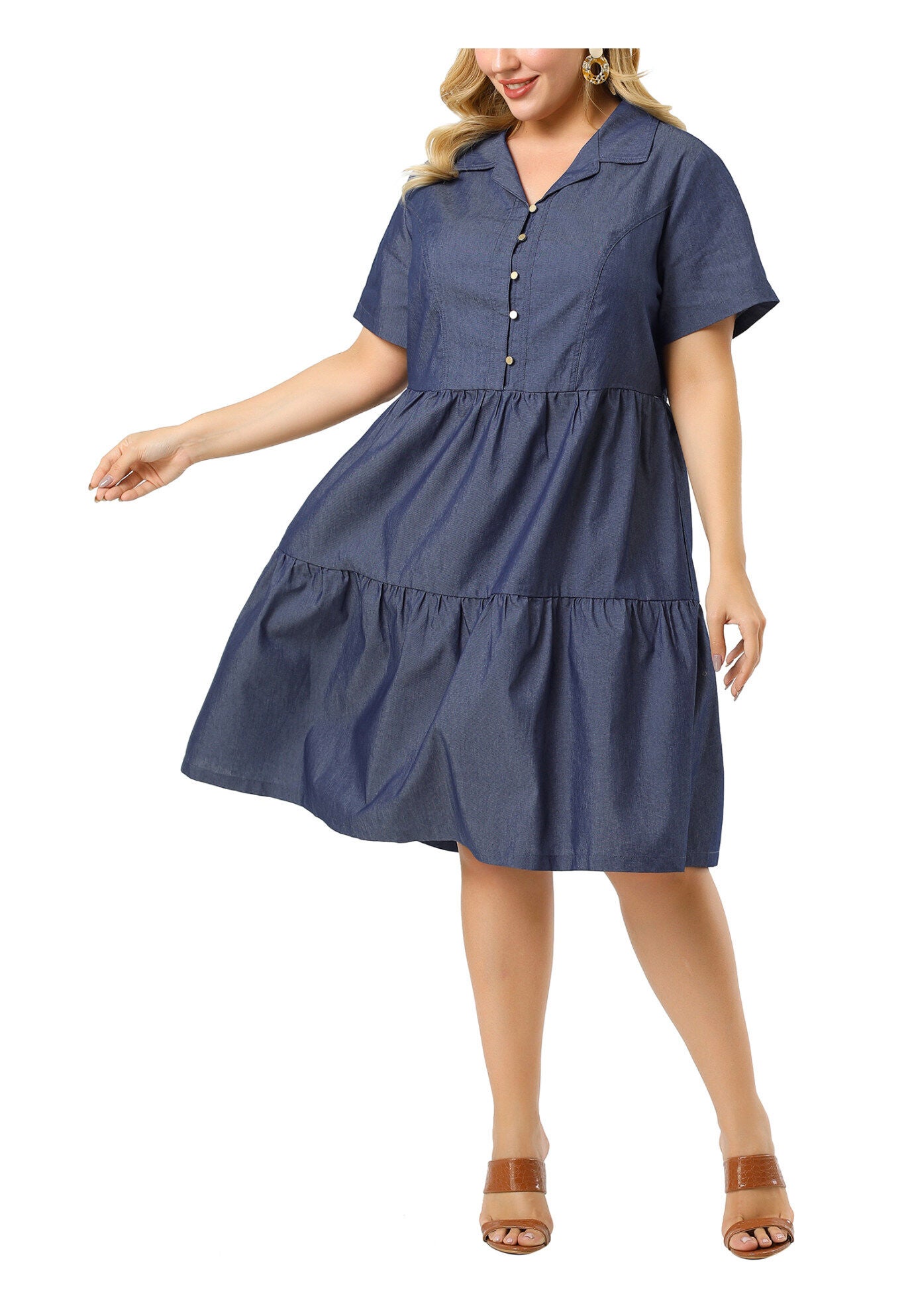 Short Sleeve Button Down Flowy Tiered Shirt Chambray Dress, Blue / Chambray Denim Medium, alternate image number 1