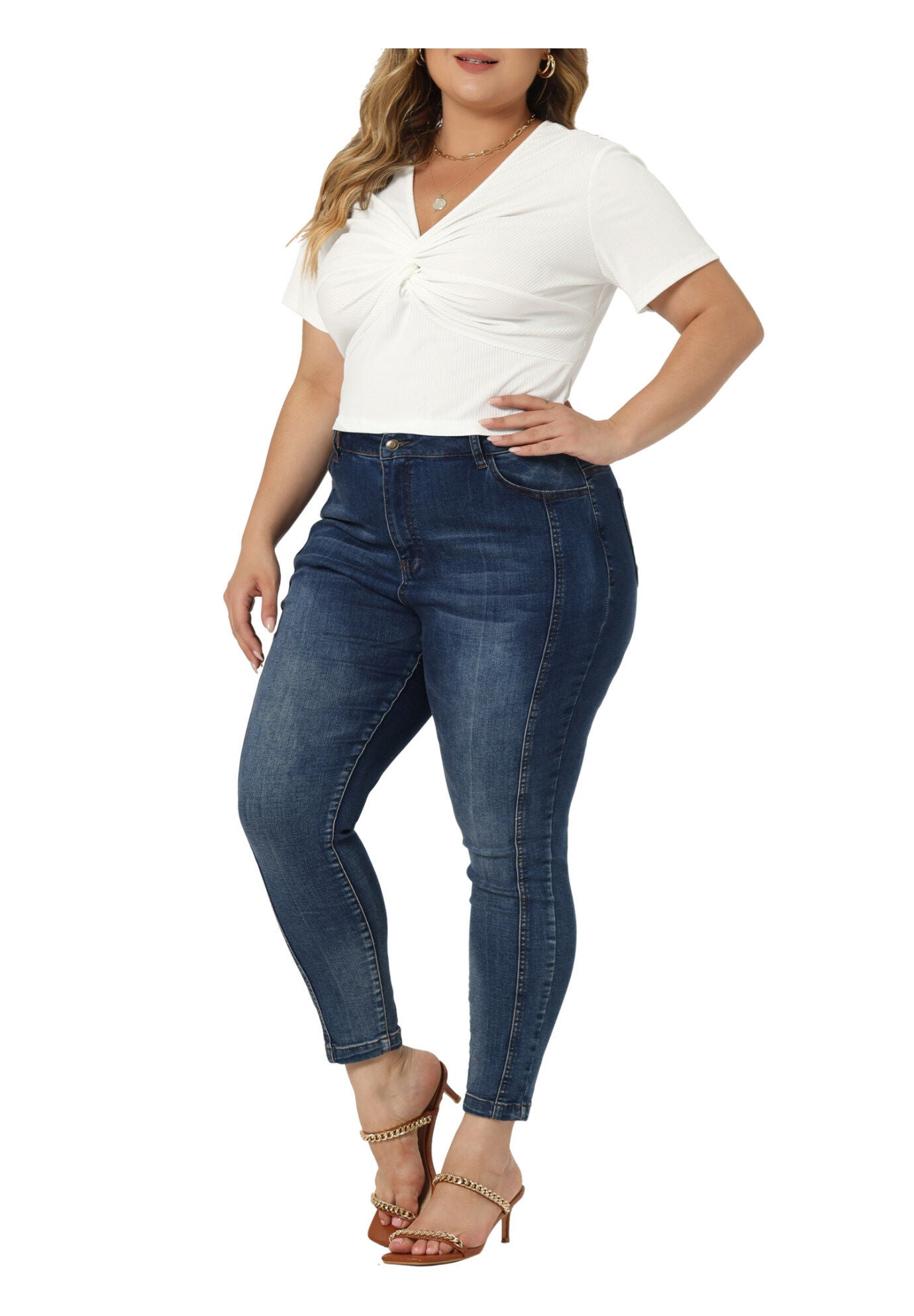 Twist Front V Neck Ribbed Short Sleeve T-Shirt Top, White / White, alternate image number 1