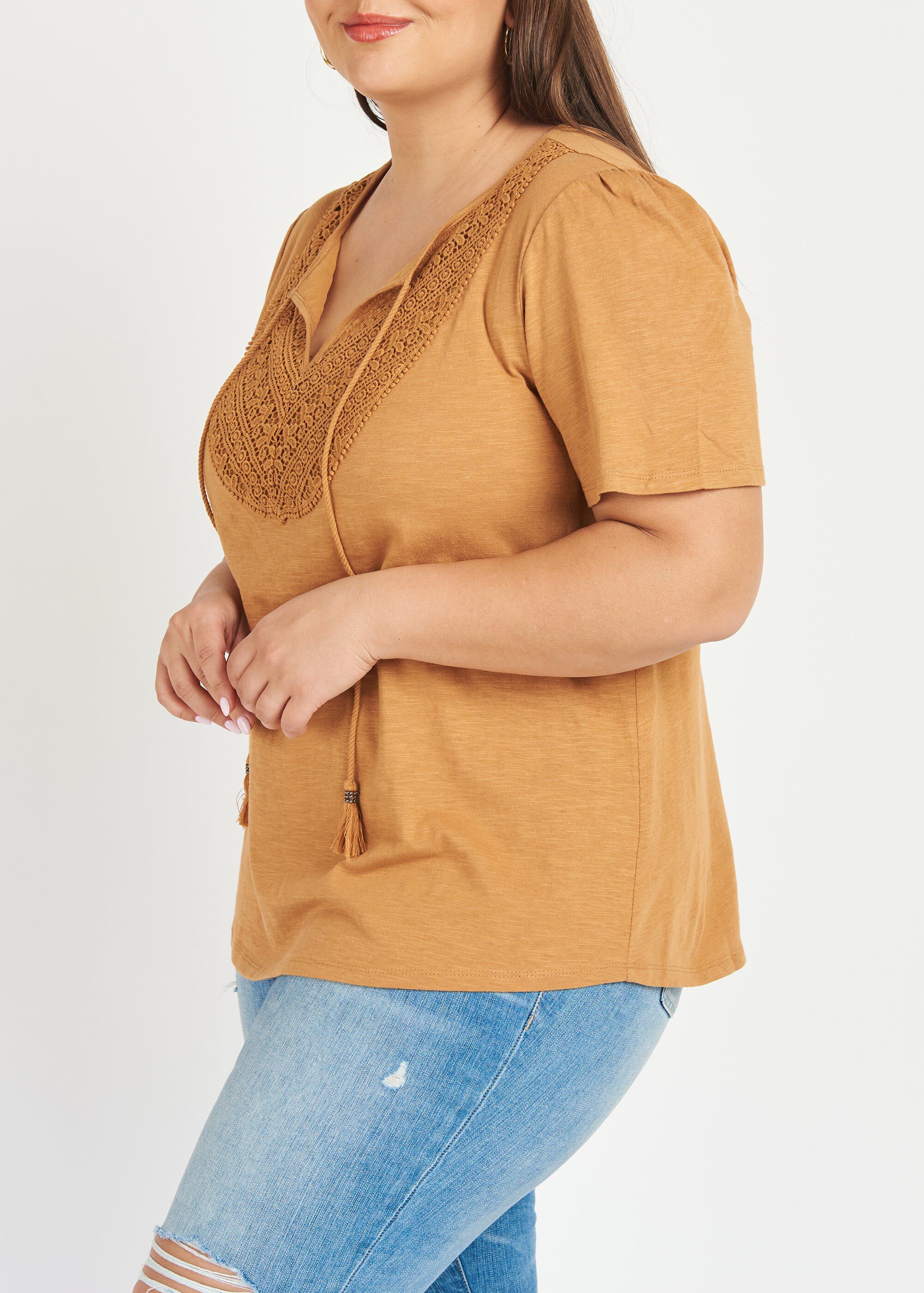 Emily Mocha Split-Neck Tee, MOCHA / Mocha, alternate image number 3