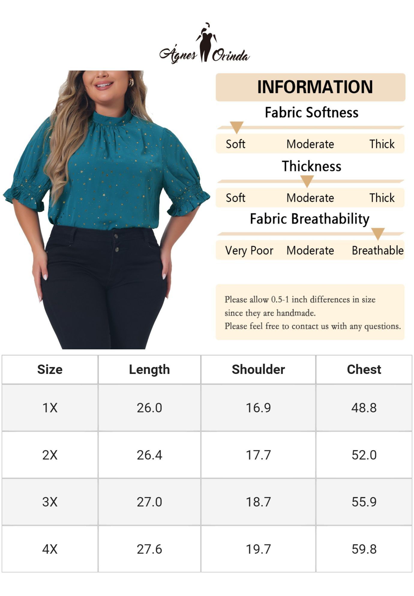 Pleated Mock Neck Star Print Puff Sleeve Blouse Top, Blue / Azure Blue, alternate image number 4