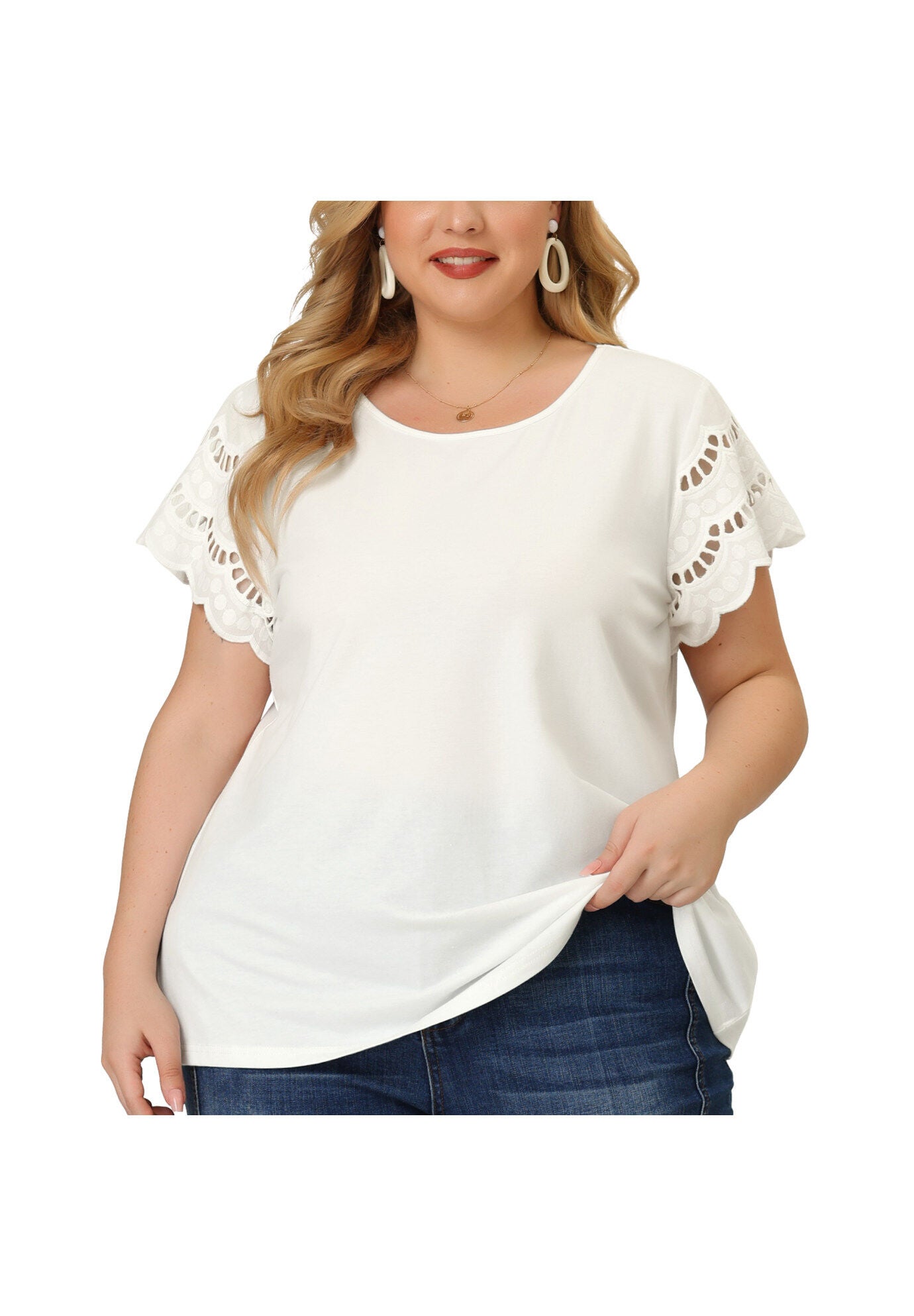 Lace Panel Hollow Short Sleeve Summer Blouse, White / White, alternate image number 2