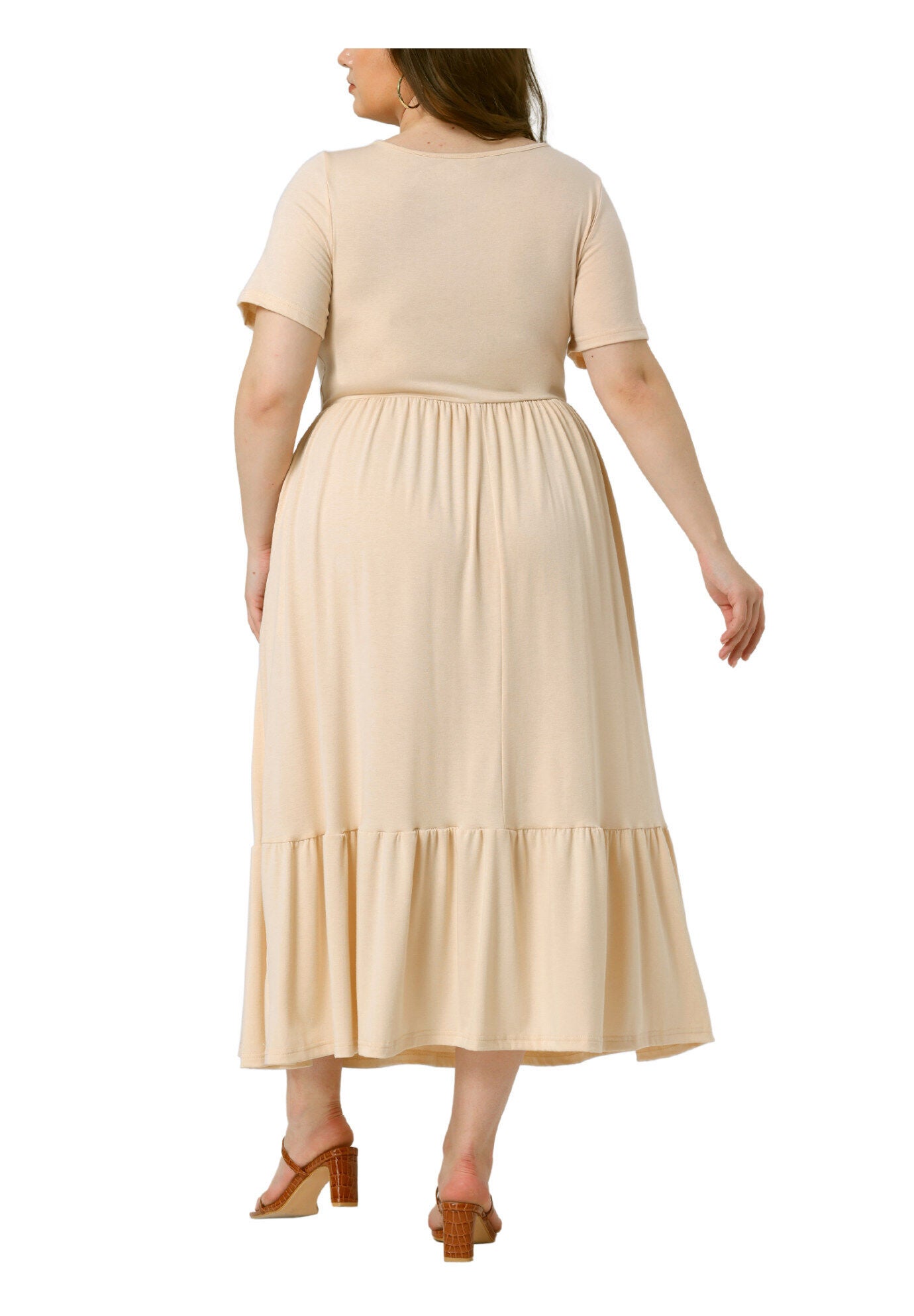 Short Sleeve Crew Neck Swing Flowy Summer Maxi Dress, Beige / Beige, alternate image number 3