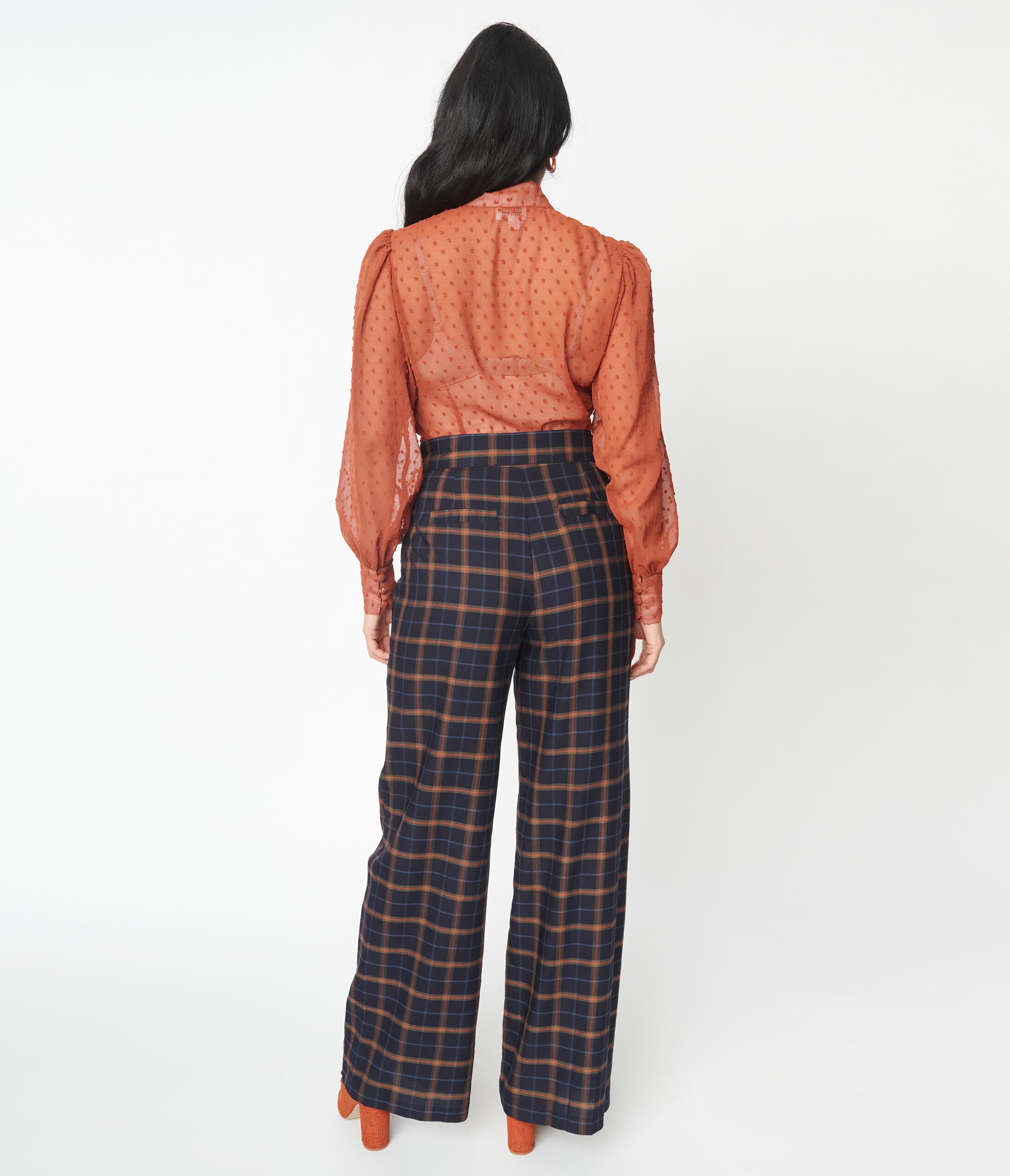 Unique Vintage Navy & Orange Plaid High Waist Sailor Ginger Pants, Blue / Navy, alternate image number 2