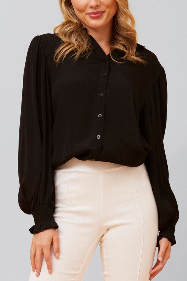 Cindy Shirt Long Puffy Fitted Sleeves Solid, Black / Black, alternate image number 4