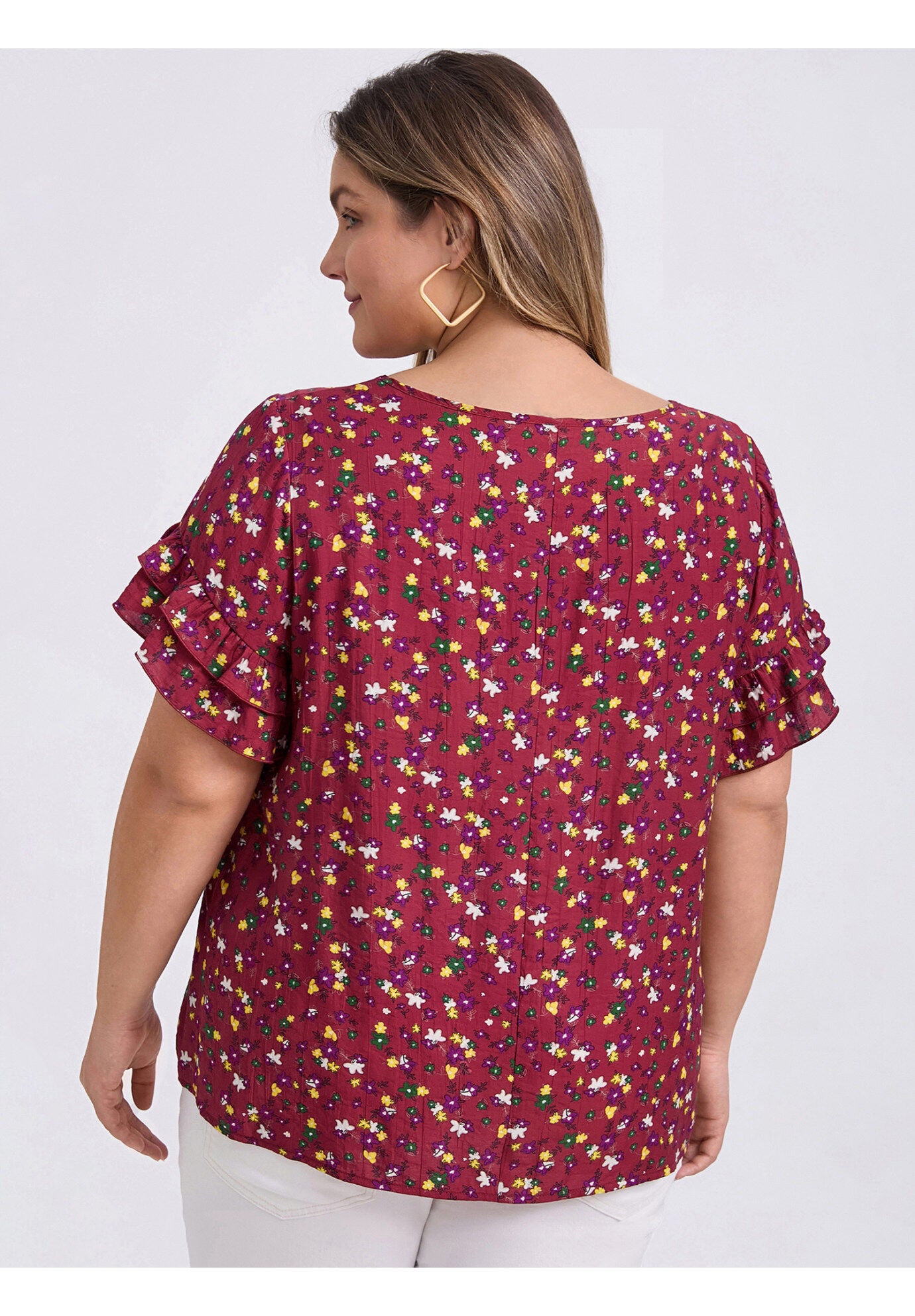 Floral Print Blouse Crew Neck Double Layer Ruffles Short Sleeve Top, Red / Red, alternate image number 2