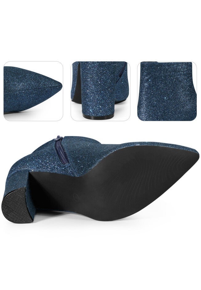 Glitter Pointed Toe Chunky Heels Sparkly Booties, Navy Blue / Navy, alternate image number 2