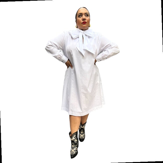 The Marion Cotton Poplin Tie Neck Dress- White, WHITE / White, alternate image number 3