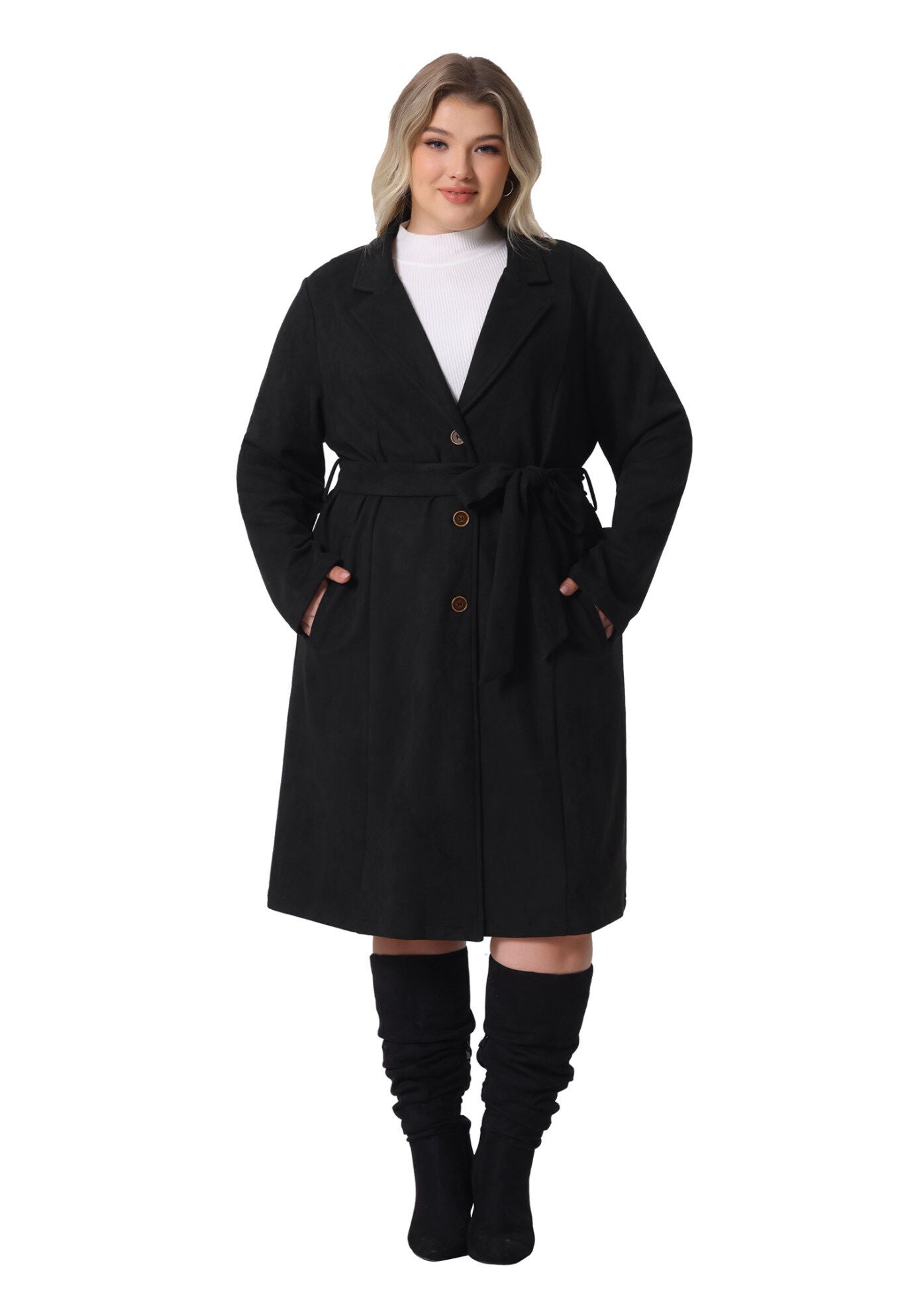NOTCH LAPEL FAUX SUEDE LONG TRENCH COAT, Black / Black, hi-res image number 0