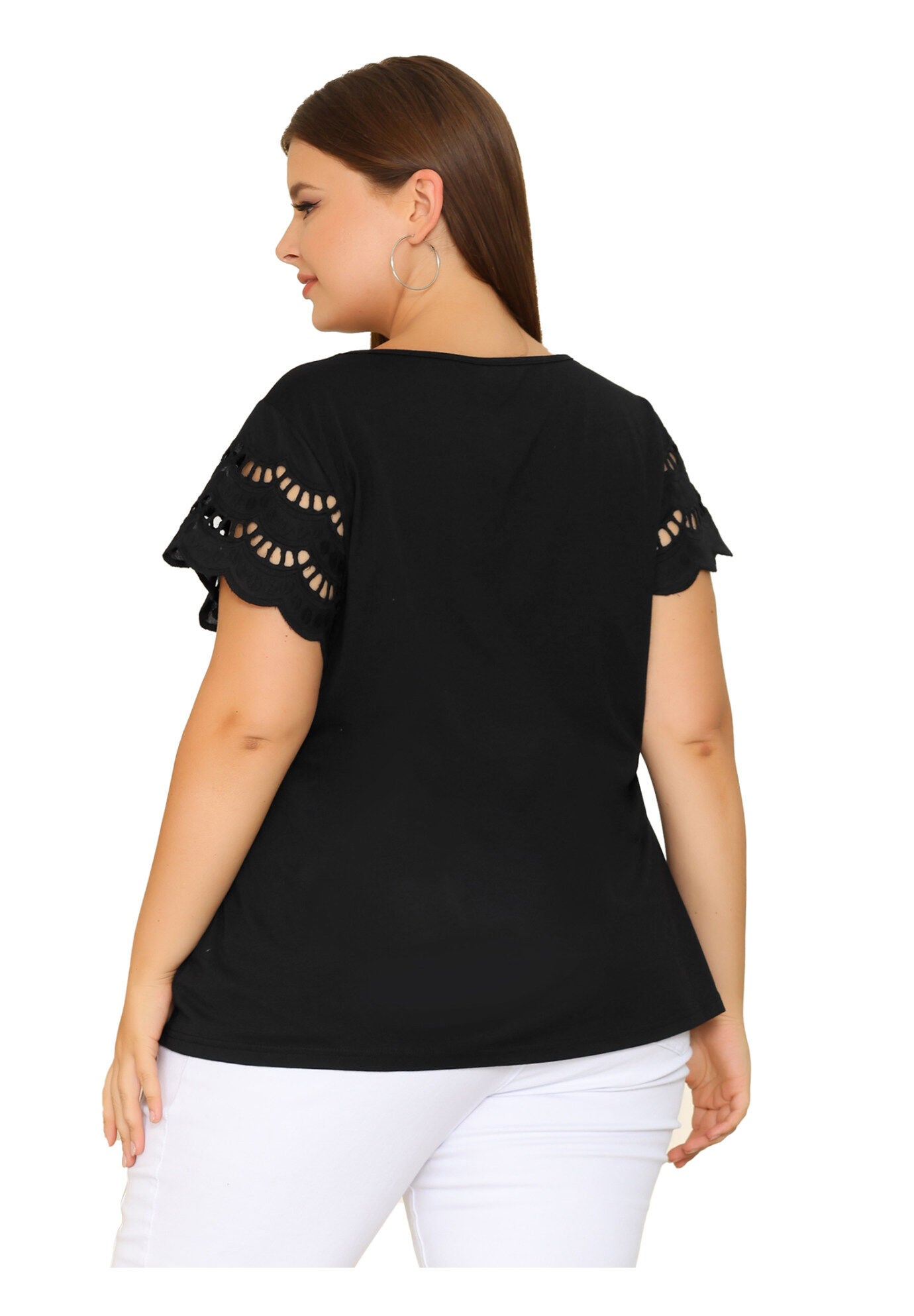 Lace Panel Hollow Short Sleeve Summer Blouse, Black / Black, alternate image number 3