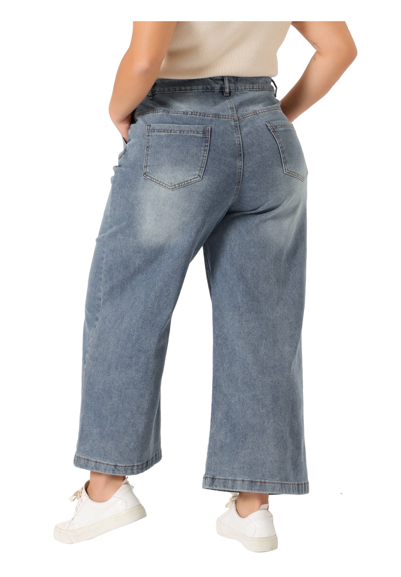 WIDE LEG BAGGY WASHED STRETCH DENIM ANKLE JEANS, Gray Blue / Dusty Blue, alternate image number 3