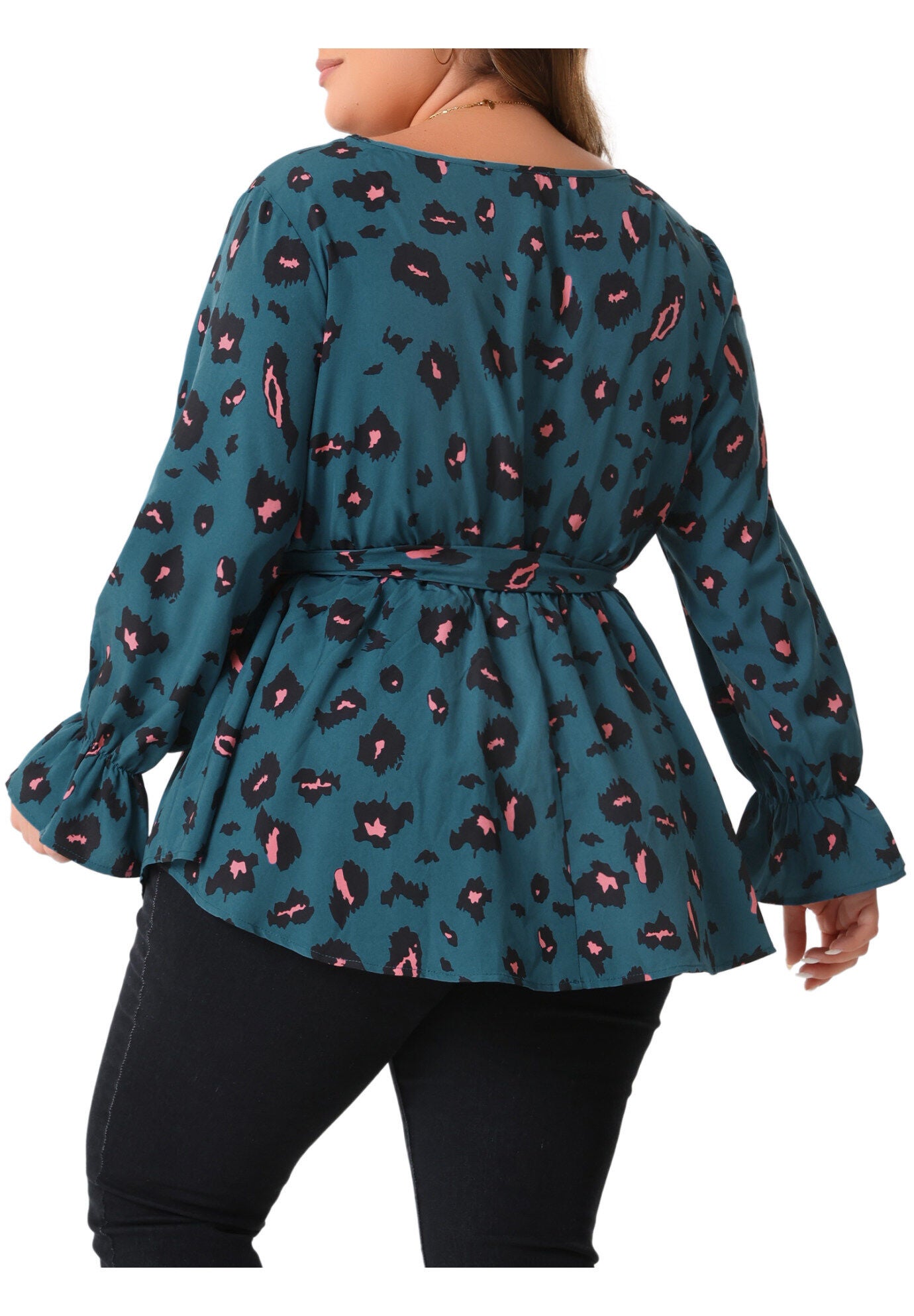 Graphic Print Belted Long Sleeve Peplum Blouse, Teal Blue / Teal, alternate image number 3