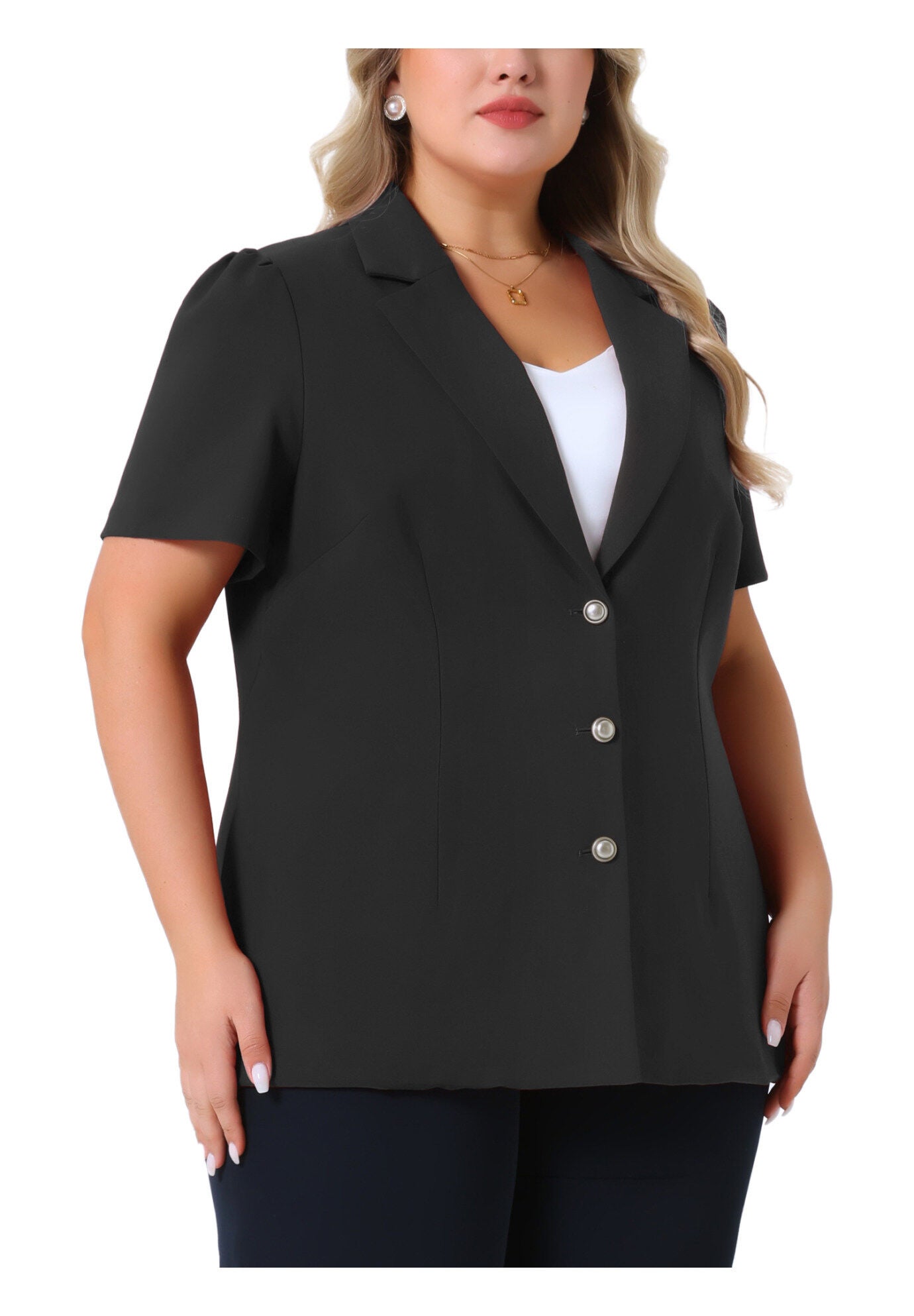 Notched Lapel Short Puff Sleeve Blazer Jackets, Black / Black, alternate image number 1