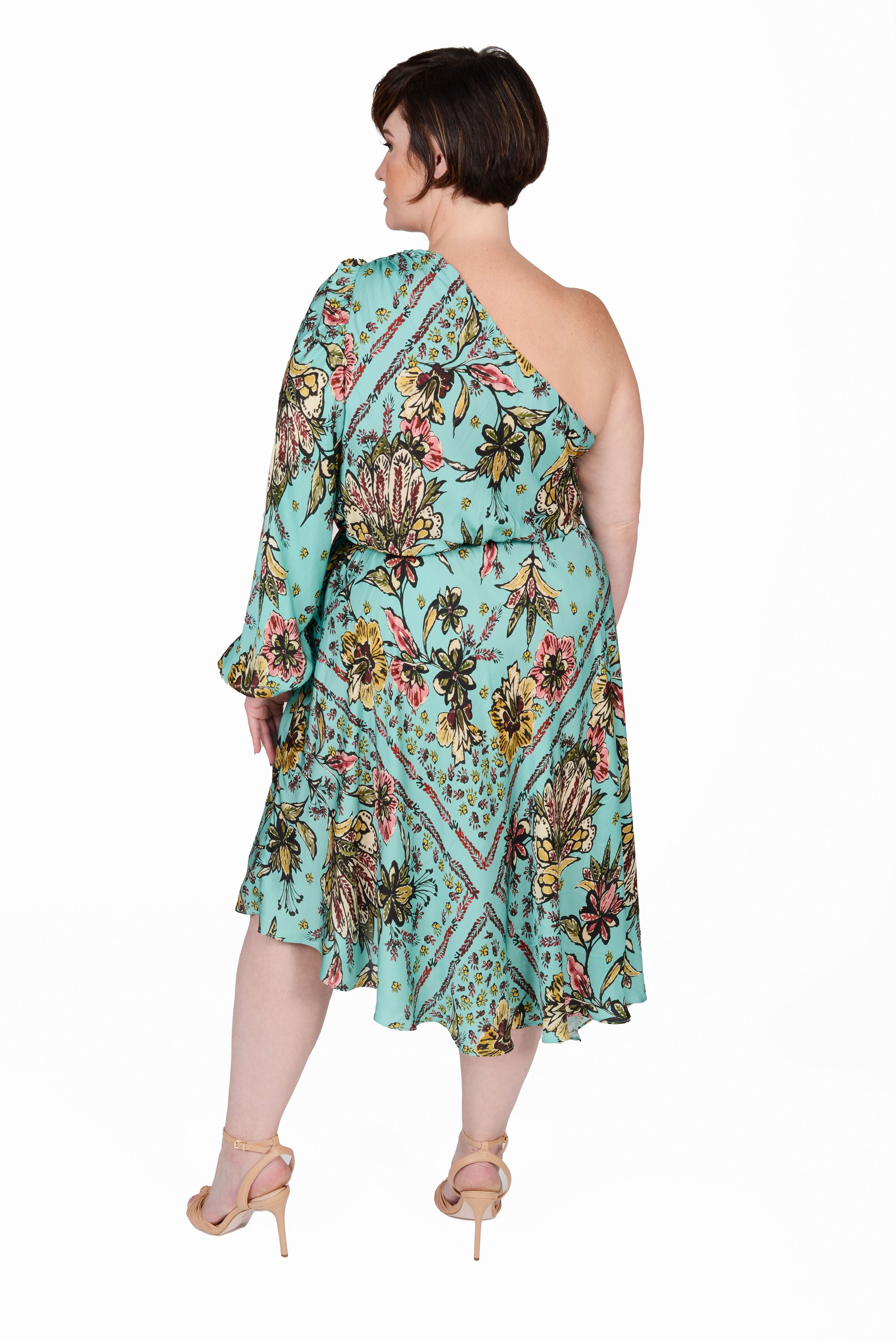 Olivia One Shoulder Dress, Boho Scarf Print / Aqua, alternate image number 2