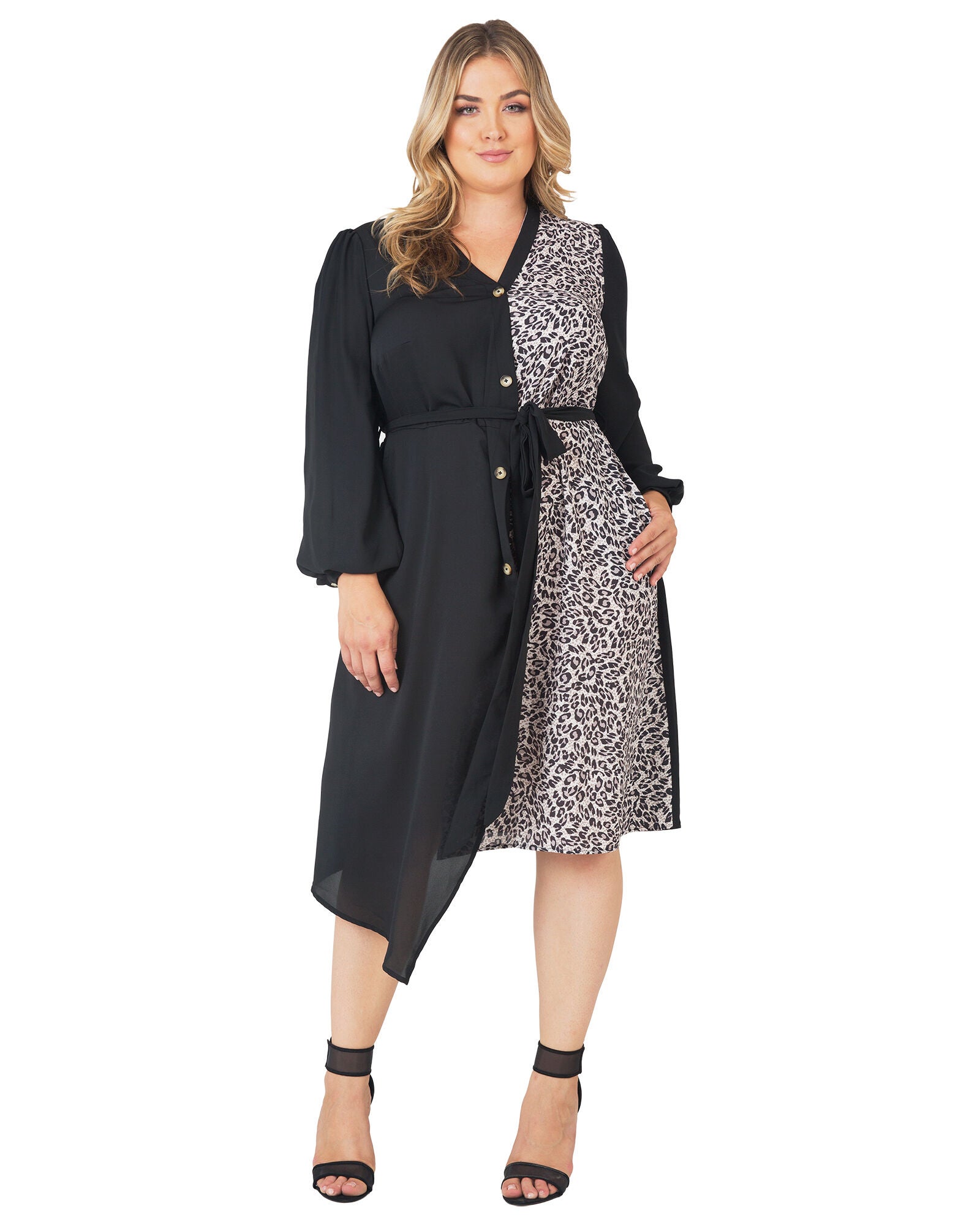 Standards & Practices Asymmetrical Hem Button-Up Wrap Lantern Sleeve Dress, BLACKBROWN / Black, hi-res image number 0