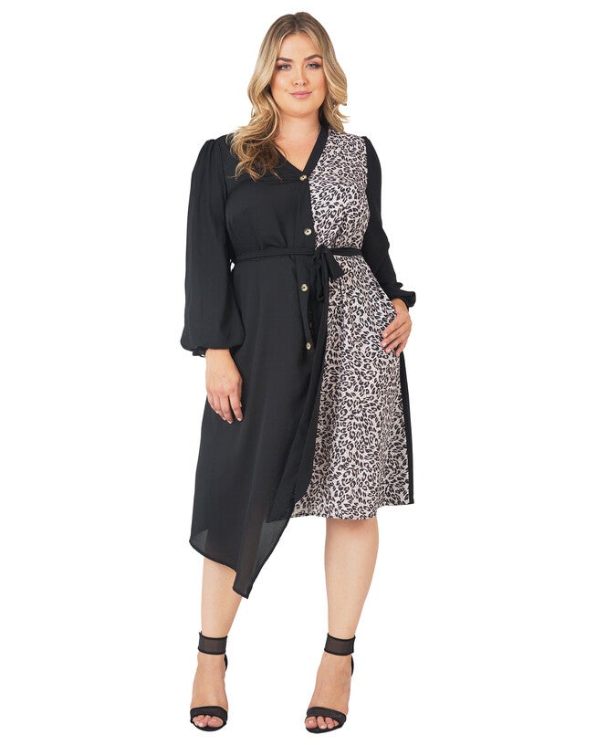 Standards & Practices Asymmetrical Hem Button-Up Wrap Lantern Sleeve Dress, BLACKBROWN / Black, hi-res image number 0