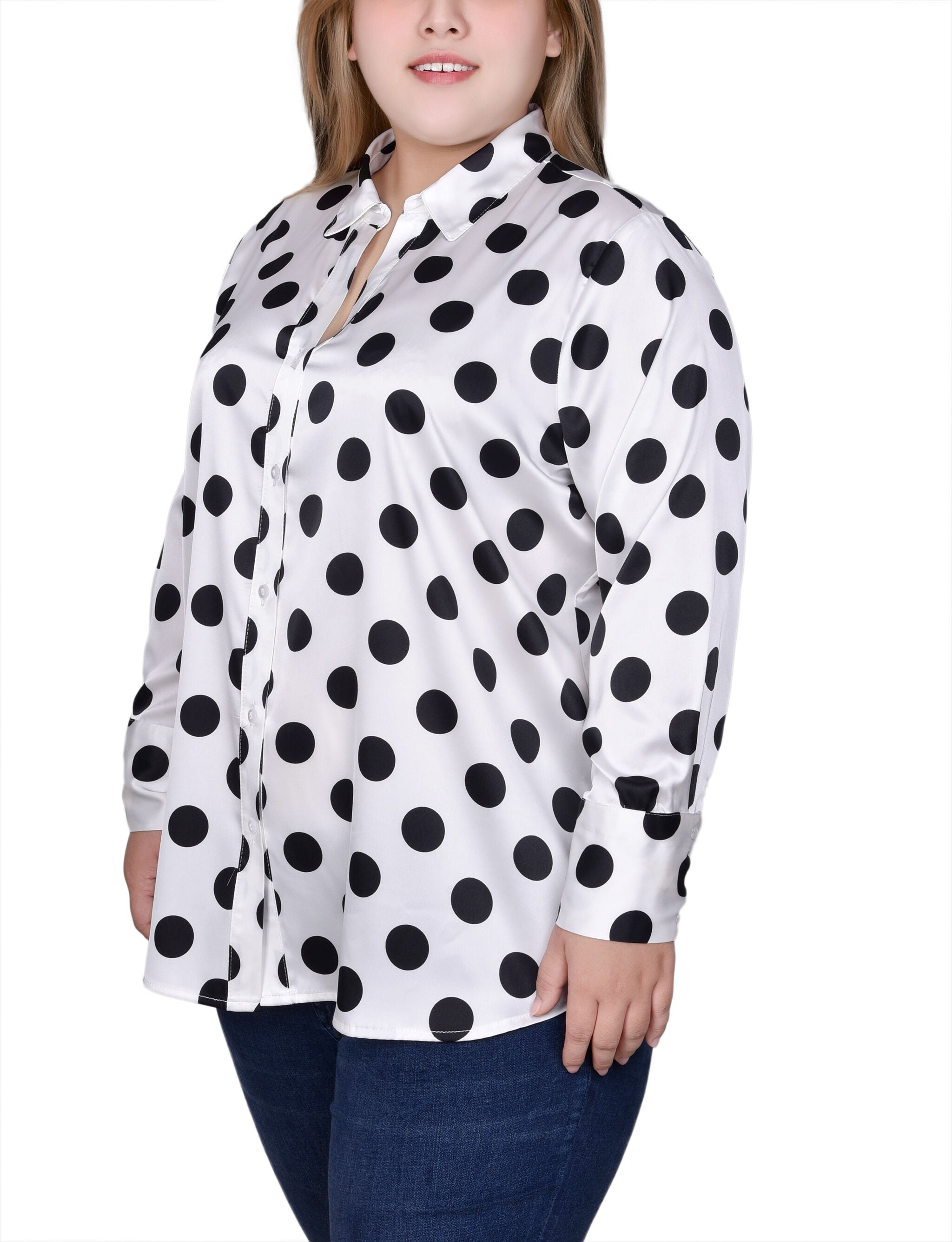 Long Sleeve Dotted Satin Blouse, , alternate image number 4