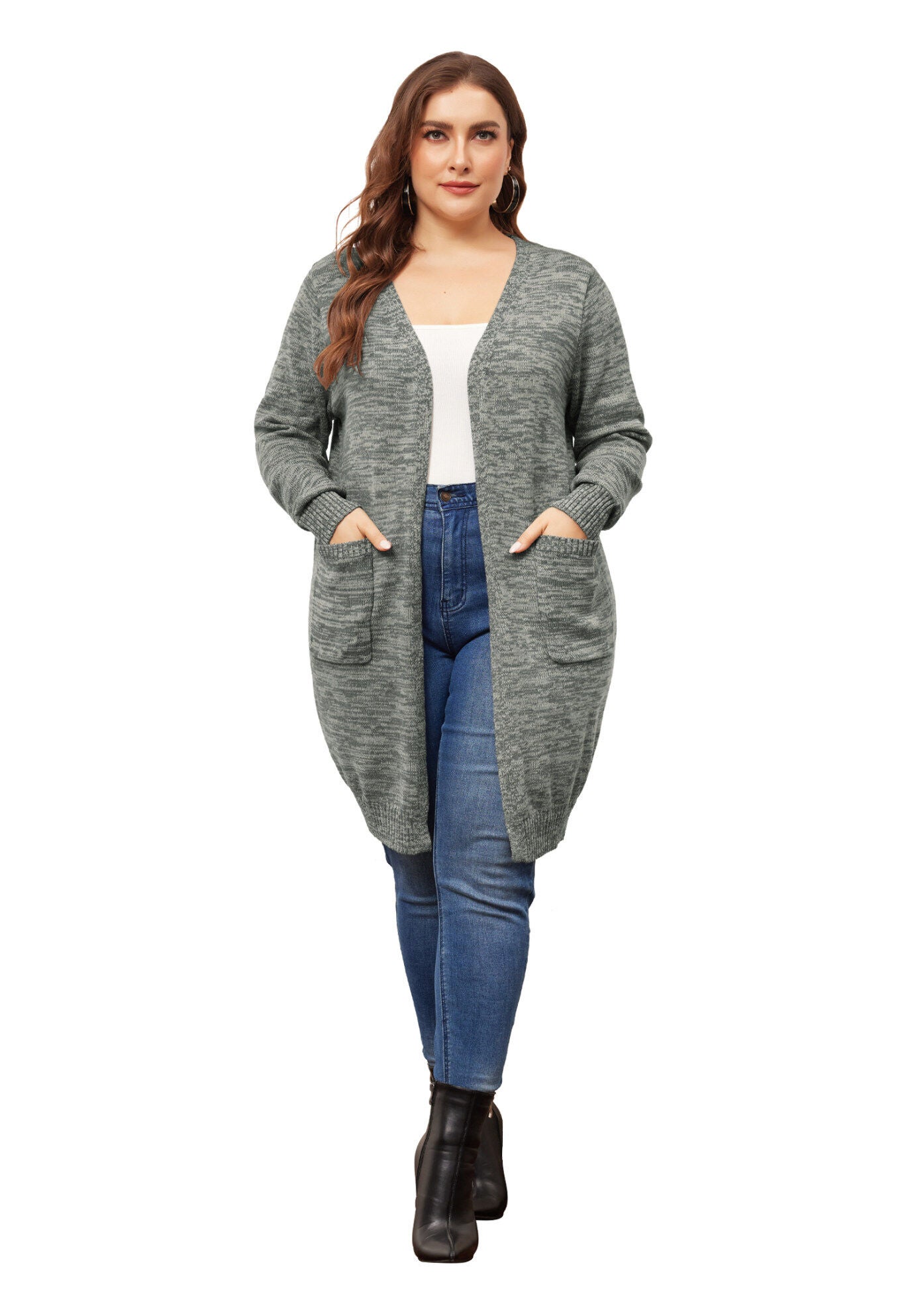 CONTRAST COLOR OPEN FRONT POCKETS SWEATER CARDIGAN, Grey / Warm Grey, hi-res image number 0
