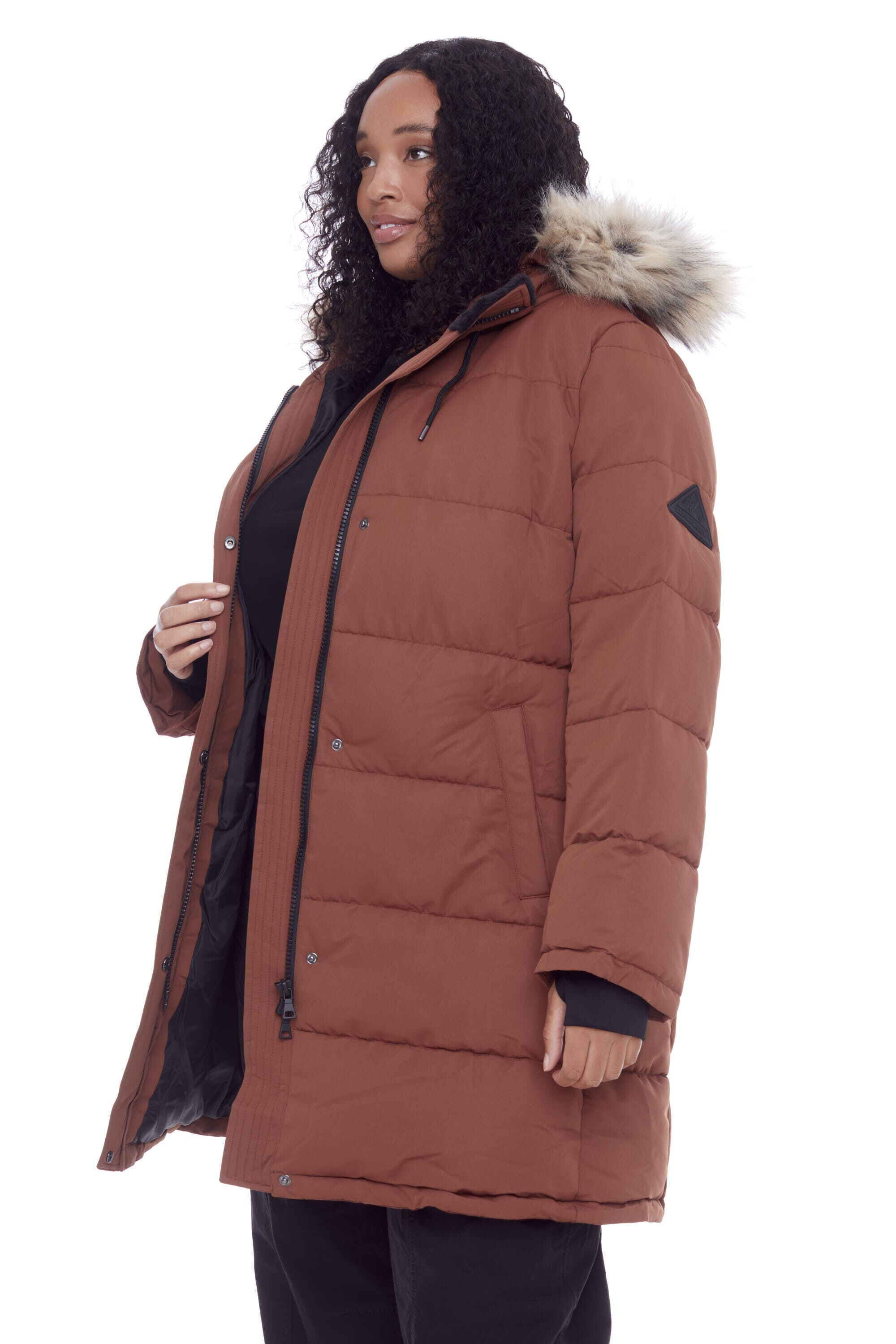 Women&#39;s Plus Size - AULAVIK | Vegan Down Recycled Mid-Length Hooded Parka Coat, Maple / Brown, alternate image number 2