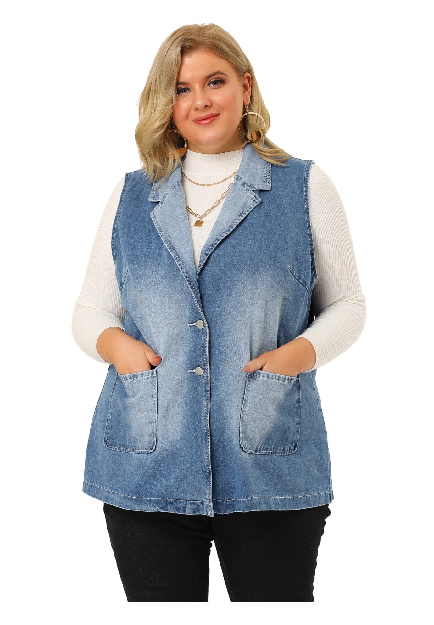 SLEEVELESS LAPEL LONG JEAN DENIM TUNIC VEST, Blue / Light Blue, alternate image number 3