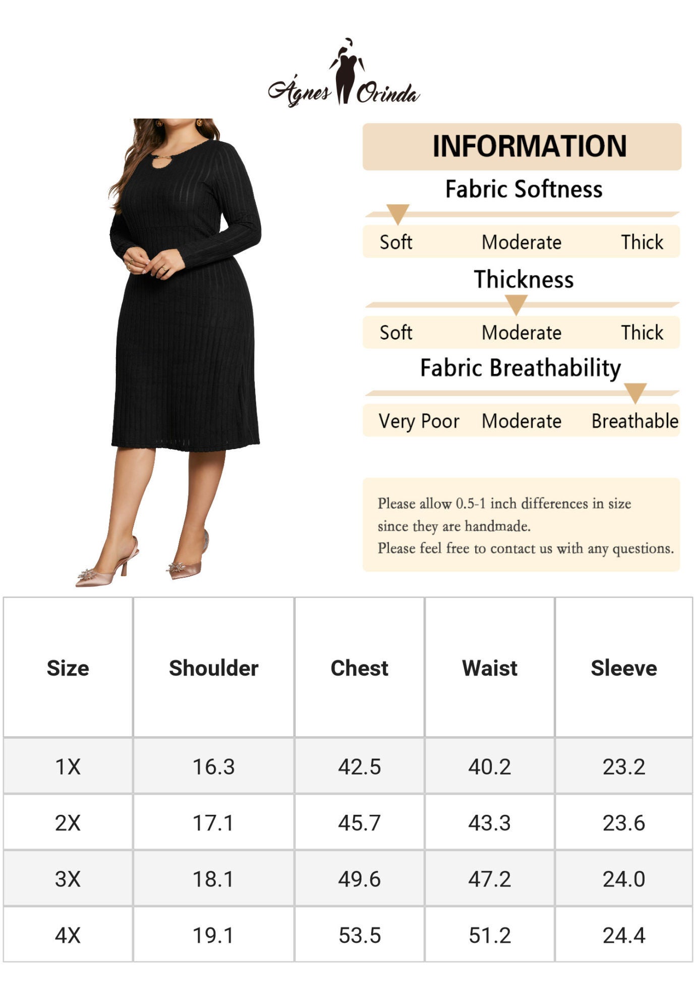 Ribbed Knit Long Sleeves Keyhole Crew Neck Pullover A Line Midi Dress, Black / Black, alternate image number 4