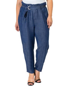 Plus Size Marina Paper Bag Waist Medium Blue Tencel Denim Peg Leg Pants D-Ring Belt