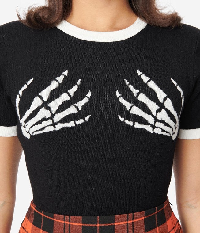 Unique Vintage Black & White Skeleton Hand Sweater, , alternate image number null