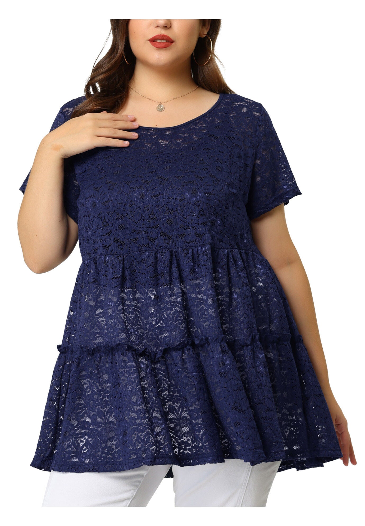 Babydoll Blouse Lace Allover Short Sleeve Tiered Peplum Top, Navy / Navy, alternate image number 1
