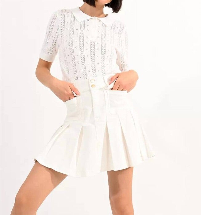 PLEATED DENIM TENNIS SKIRT IN WHITE, , alternate image number null