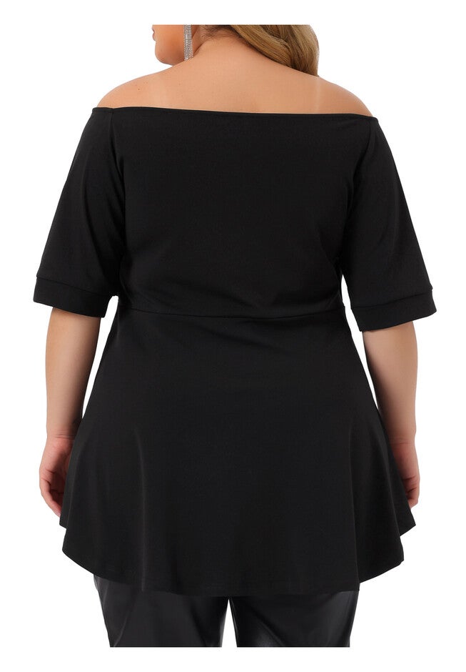V NECK SHORT SLEEVE RUCHED PEPLUM BLOUSE TOP, Black / Black, alternate image number 3