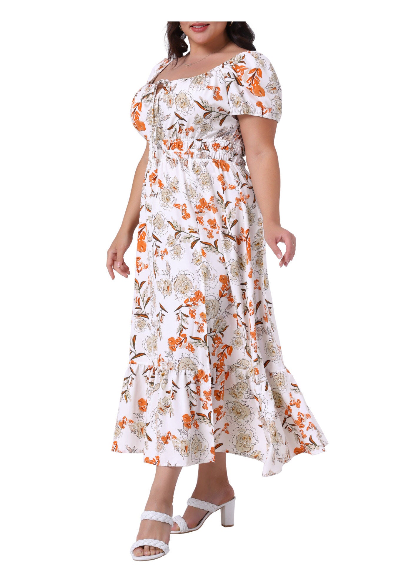 Square Neck Floral Short Sleeve Side Slit A Line Maxi Floral Dress, White / White, alternate image number 1
