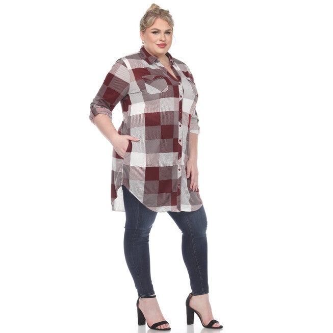 Plaid Button Down Tunic Shirt, Burgundy White / Burgundy, alternate image number null