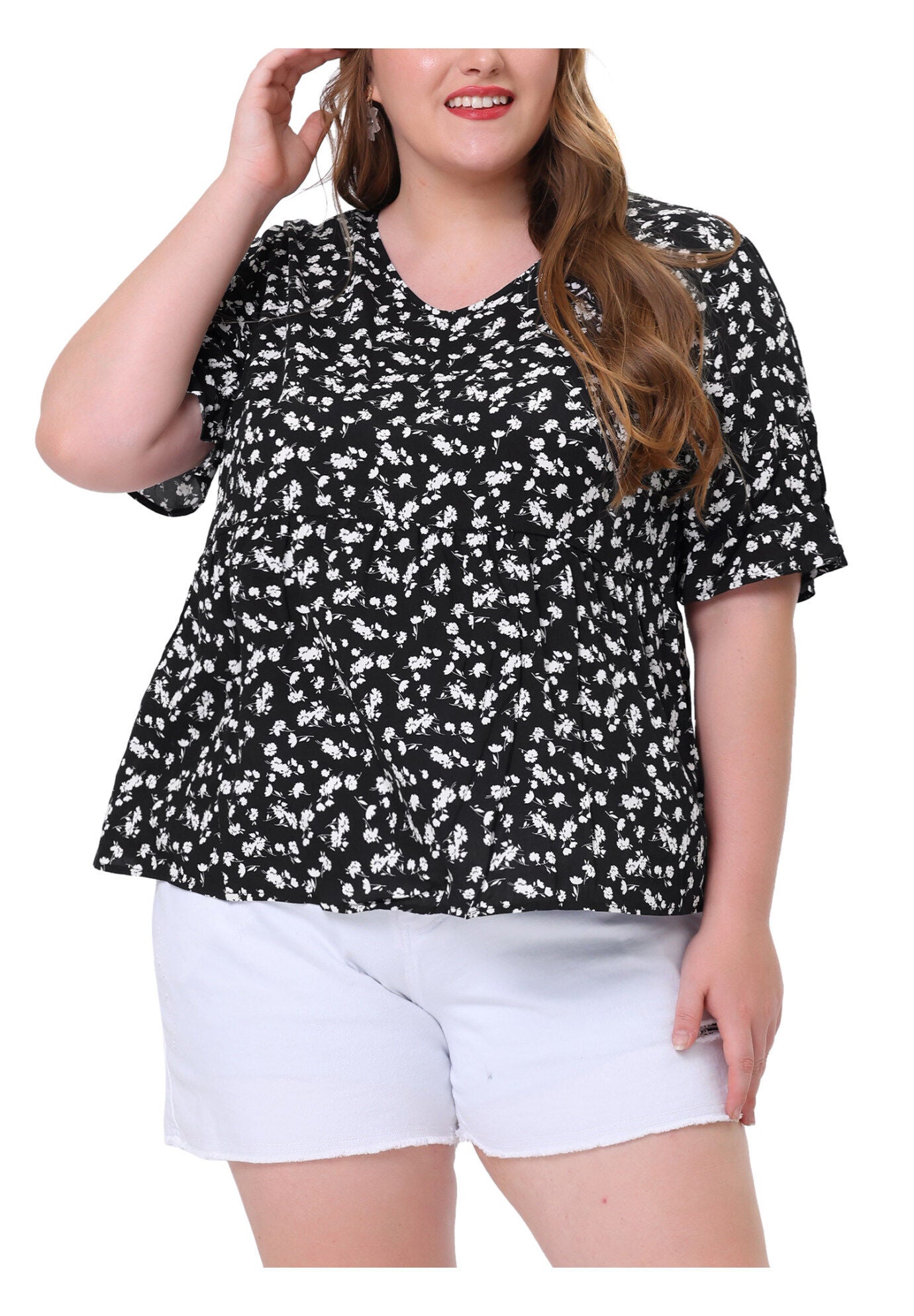 Floral Peplum Top V Neck Ruffle Short Sleeve Babydoll Blouse, Black / Black, alternate image number 1