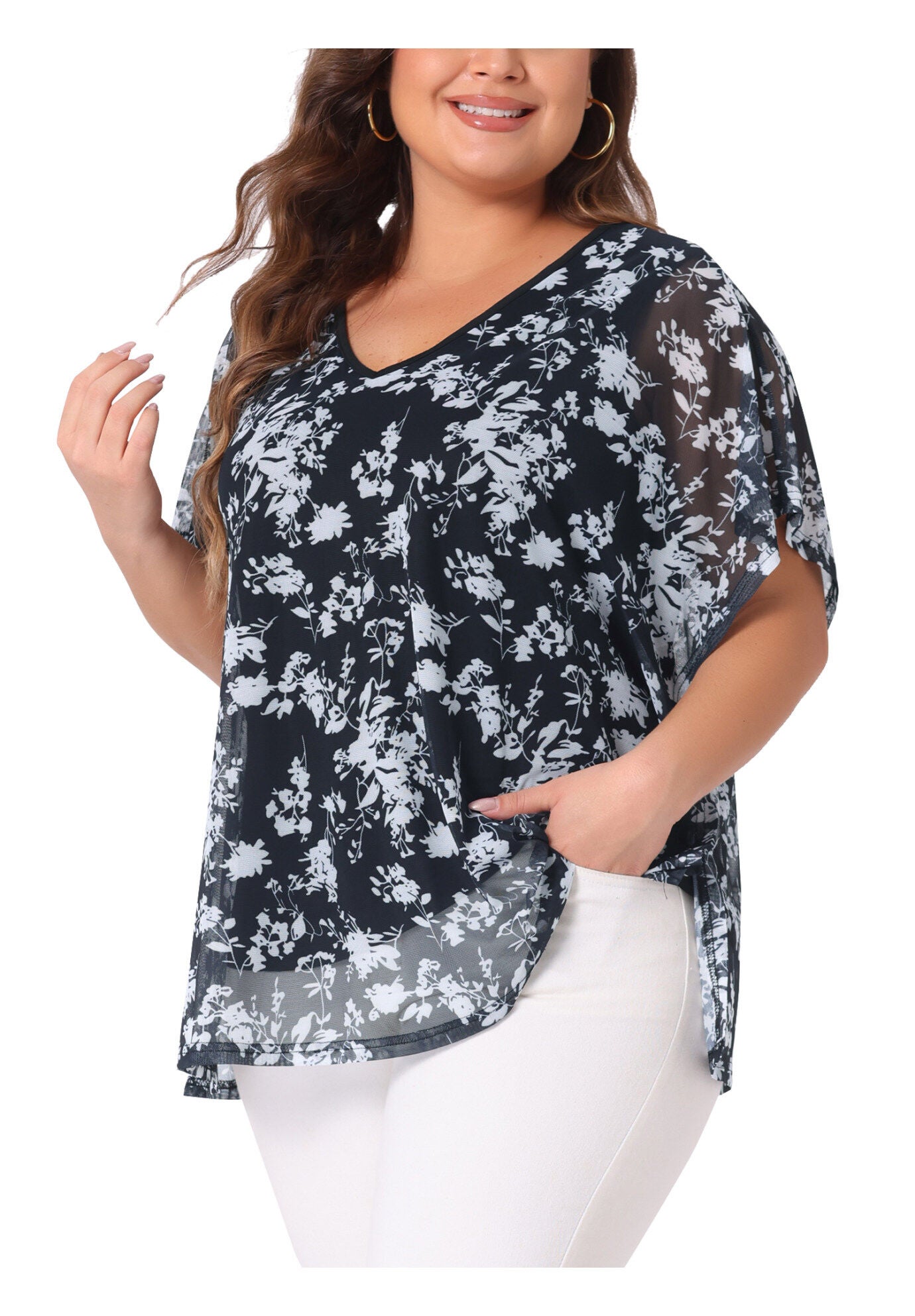 Floral Pattern Batwing Sleeve Beach Cover Loose Tunic Blouse, Black / Black, alternate image number 1