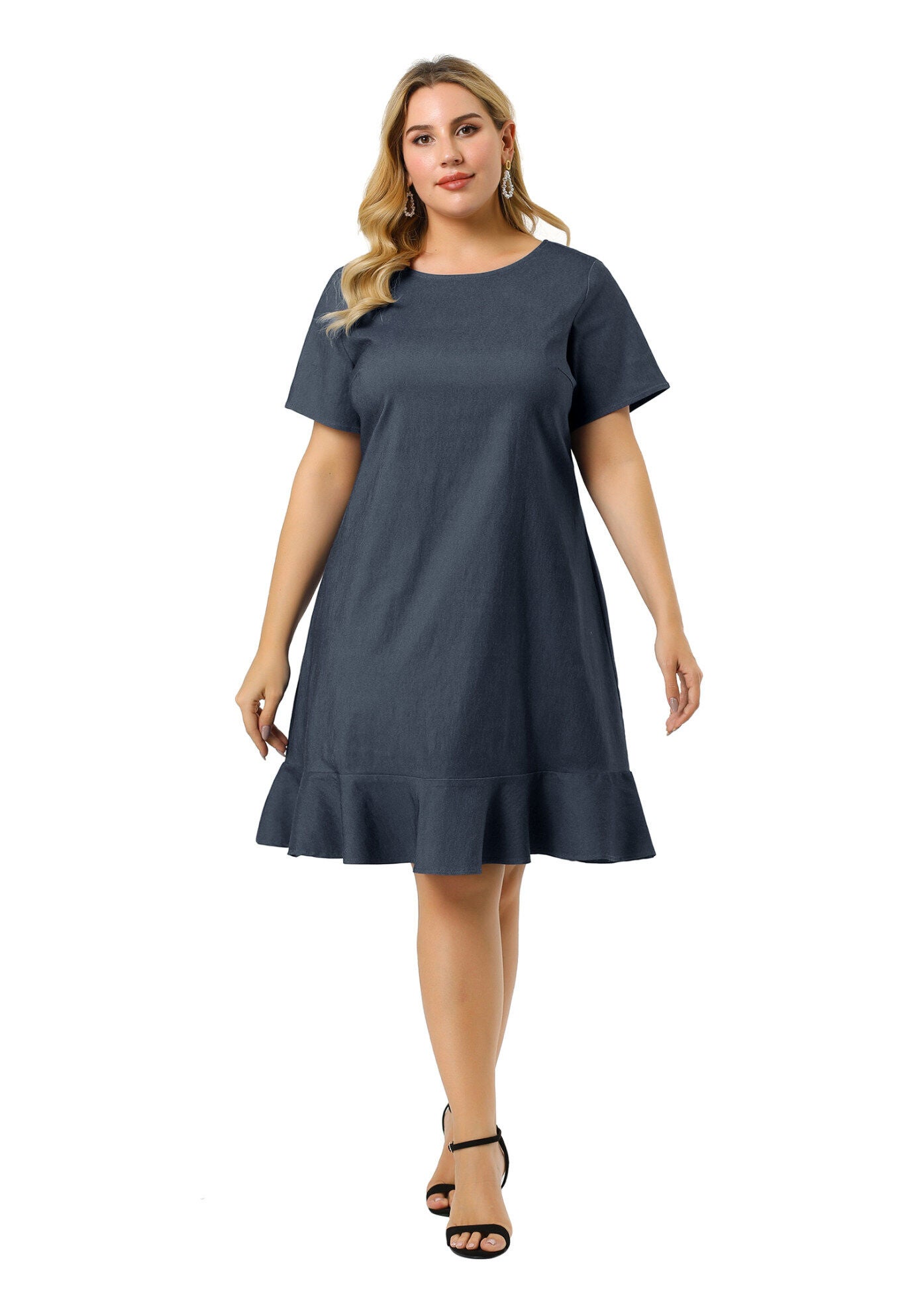 Ruffle Hem Casual Short Sleeve Chambray Dress, Dark Blue / Navy, hi-res image number 0