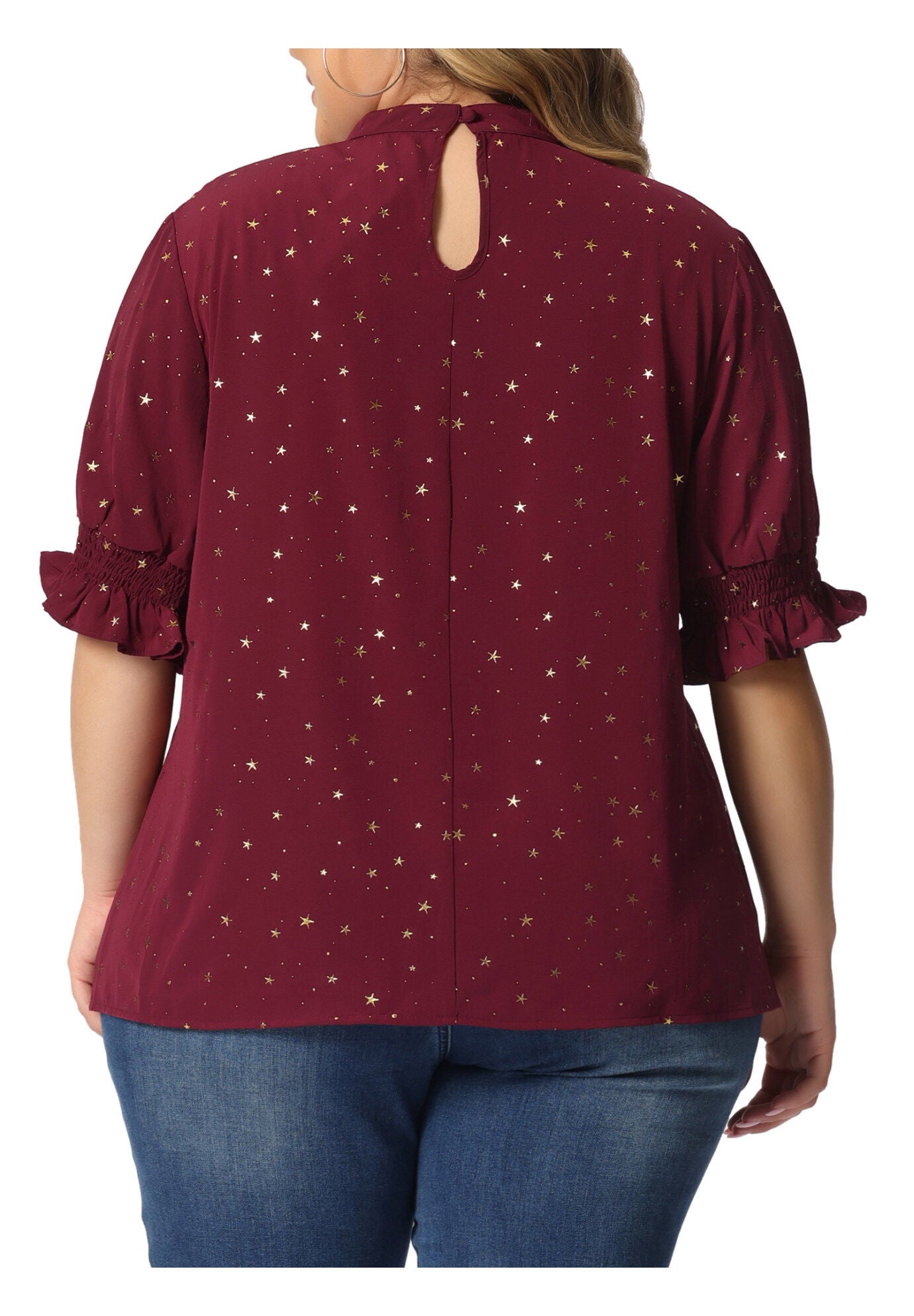 Pleated Mock Neck Star Print Puff Sleeve Blouse Top, Red / Red, alternate image number 3