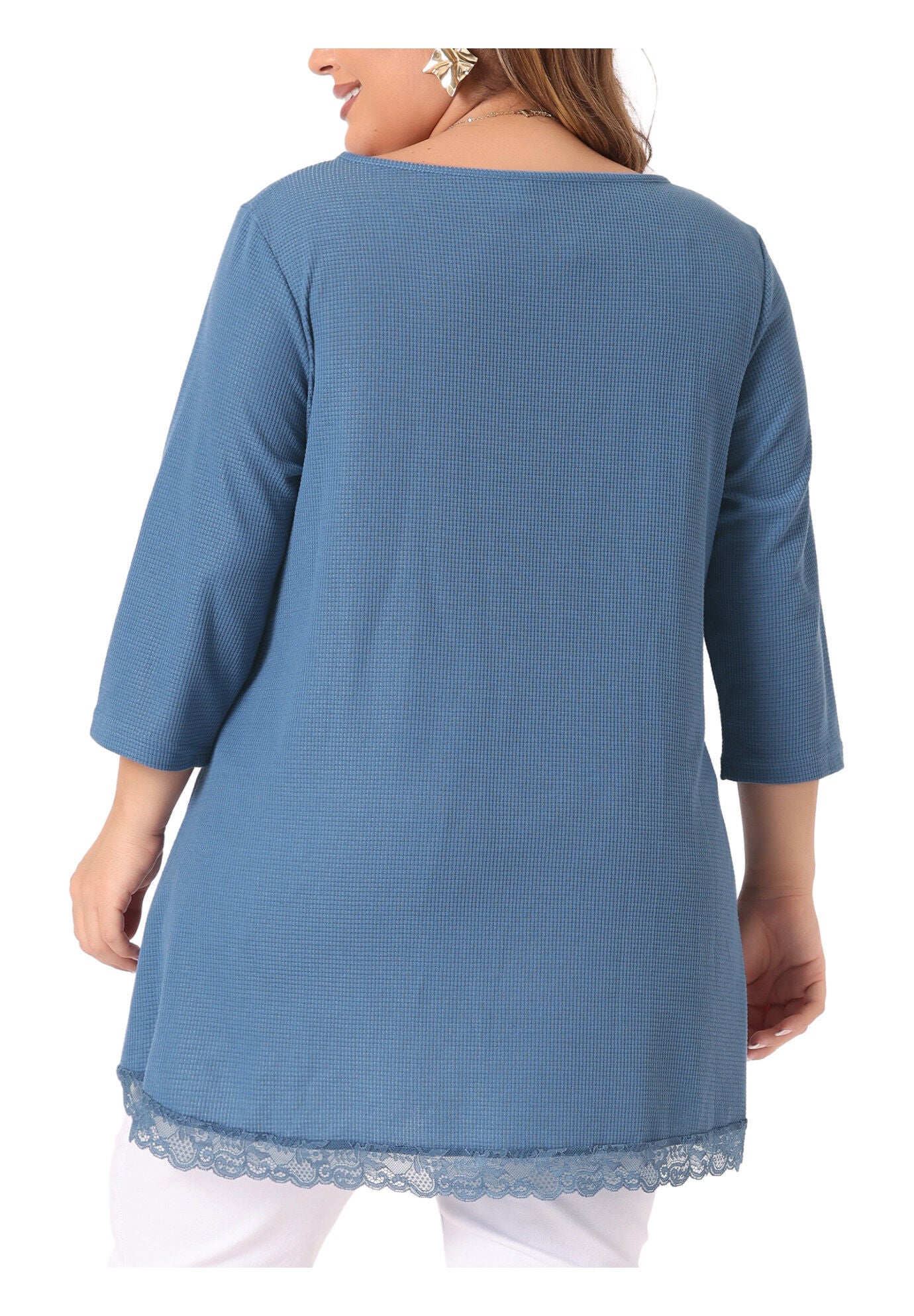 Waffle 3/4 Sleeve Lace Panel Loose High Low Hem Blouse Top, Blue / Cornflower Blue, alternate image number 3