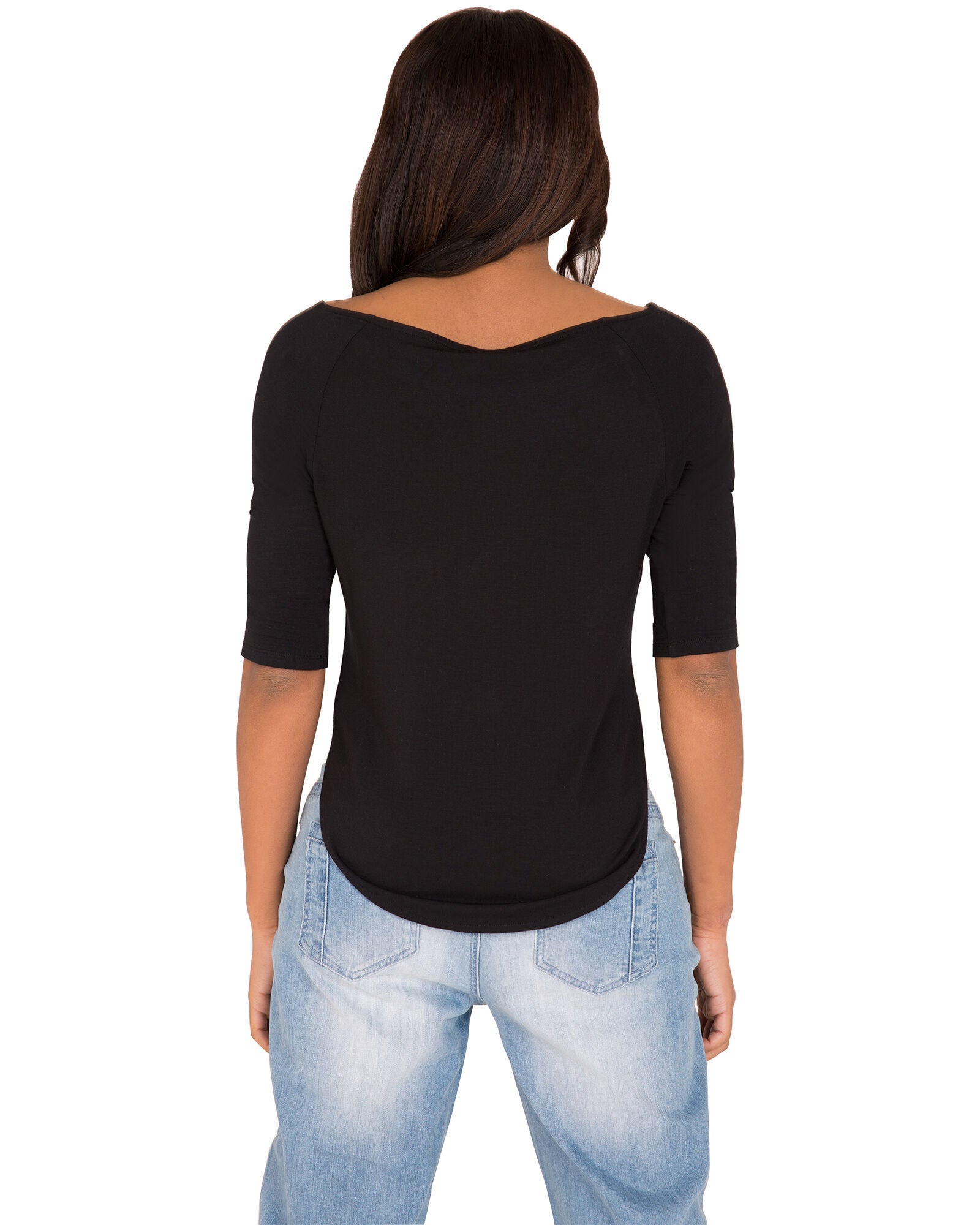 Plus Size Morgan Boatneck Shirt With Quarter-Sleeves And Zip Shoulders, Black / Black, alternate image number 1
