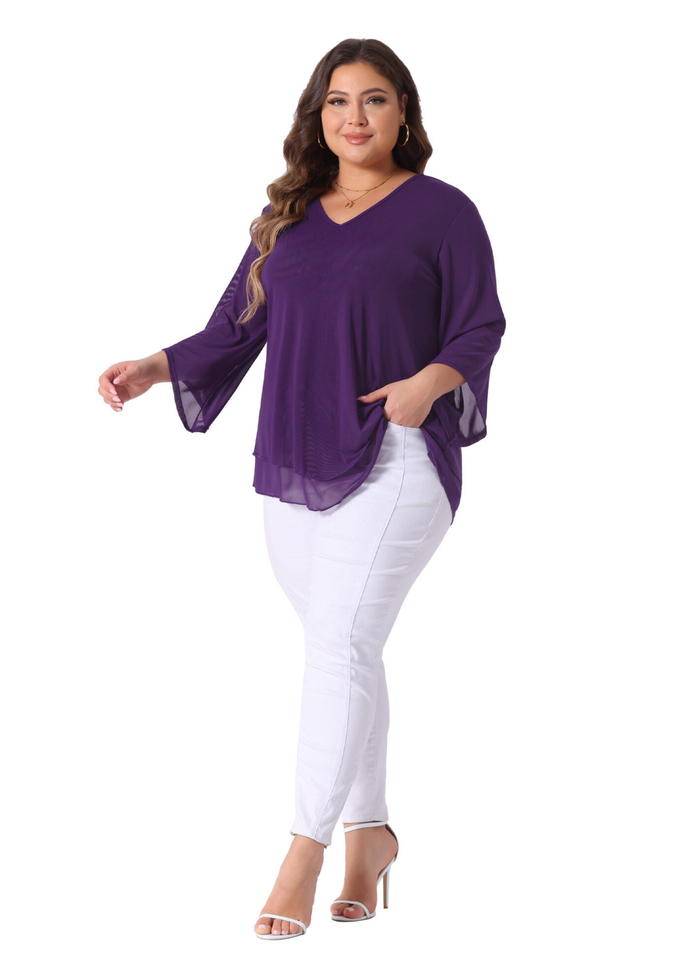3/4 Sleeve Scoop Neck Double Layers Chiffon Blouse, Purple / Purple, hi-res image number 0
