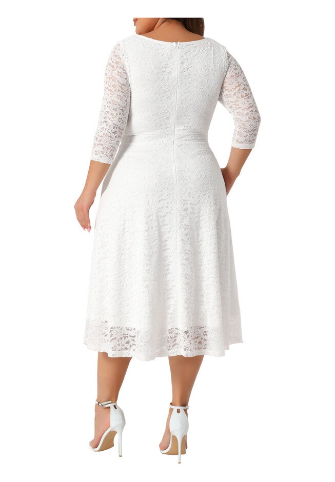 Floral Lace Scooped Neckline 3/4 Sleeves with Pocket Knit Cocktail Dress, White / White, alternate image number null