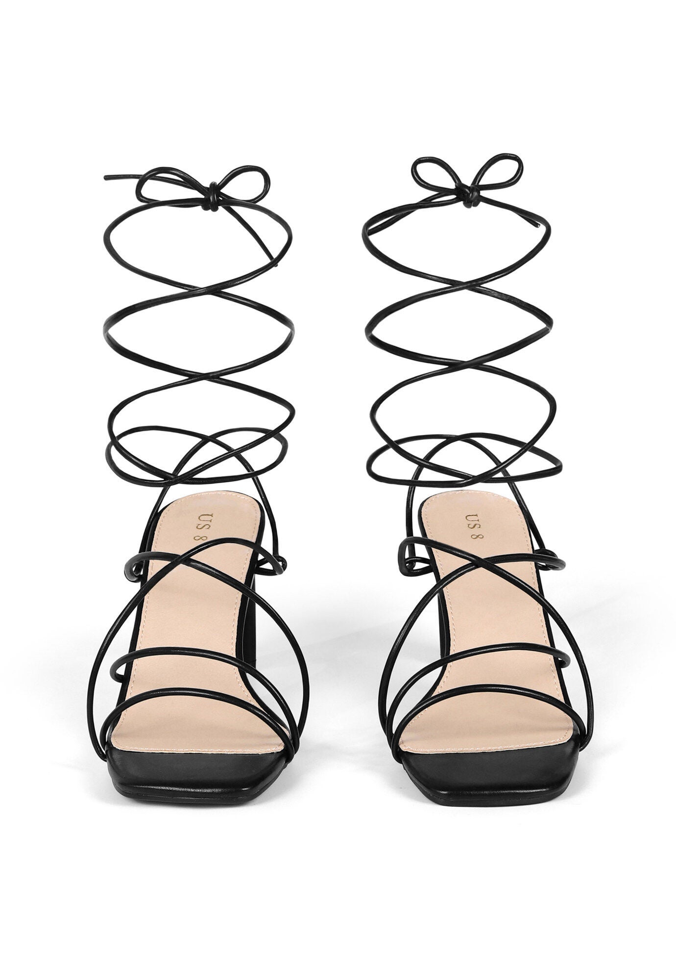 Square Toe Chunky Heel Wrap Up Strappy Sandals, Black / Black, alternate image number 2