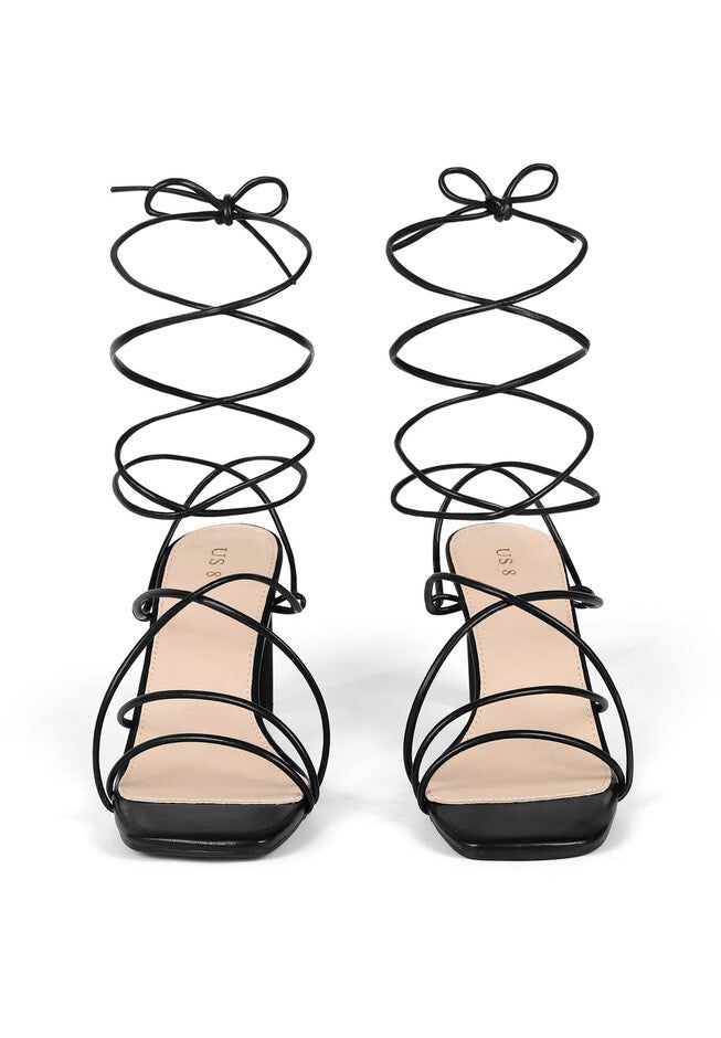 Square Toe Chunky Heel Wrap Up Strappy Sandals, Black / Black, alternate image number 2