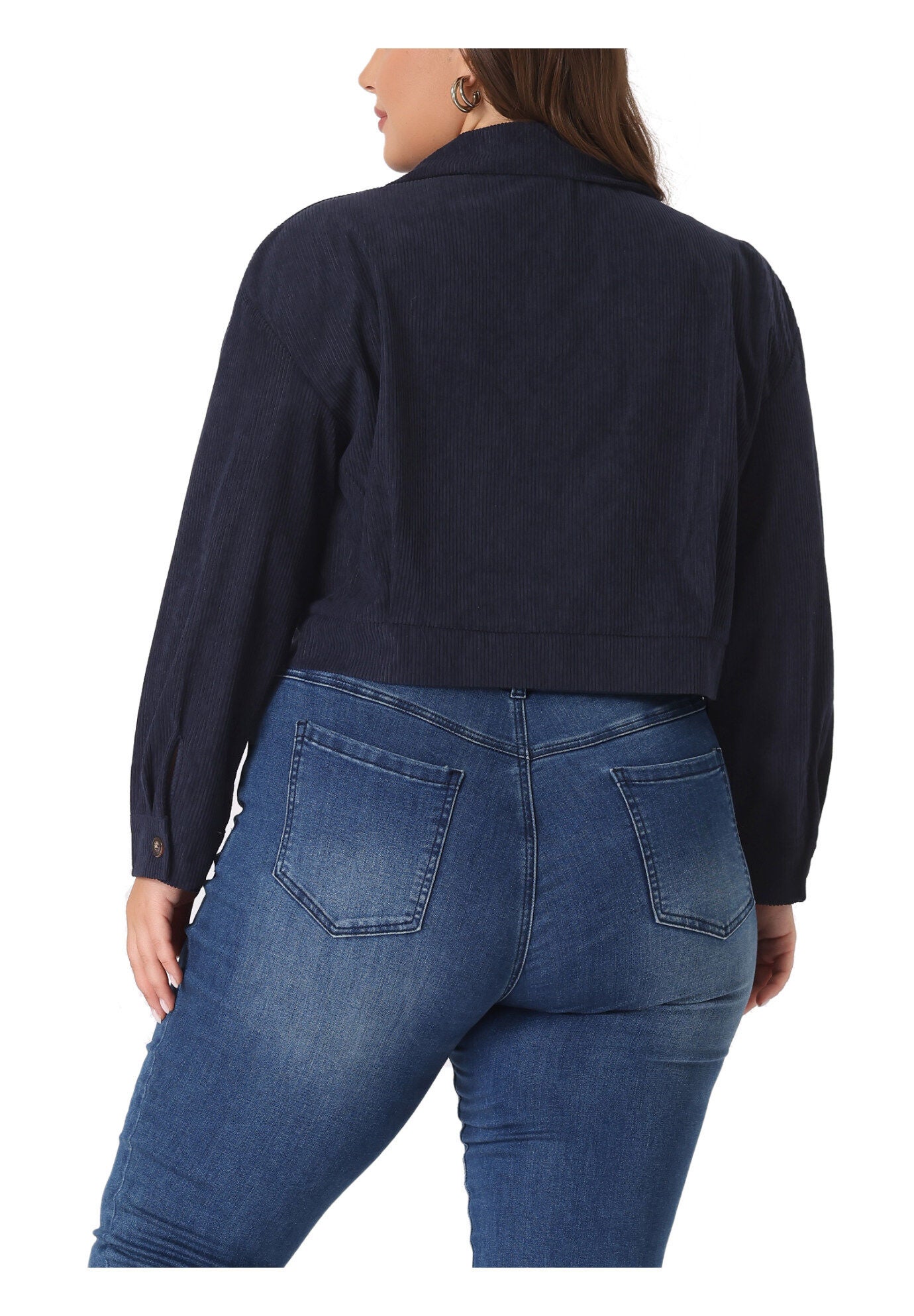 CORDUROY CROPPED BUTTON DOWN LONG SLEEVE SHIRT SHACKET JACKET, Navy Blue / Navy, alternate image number 3
