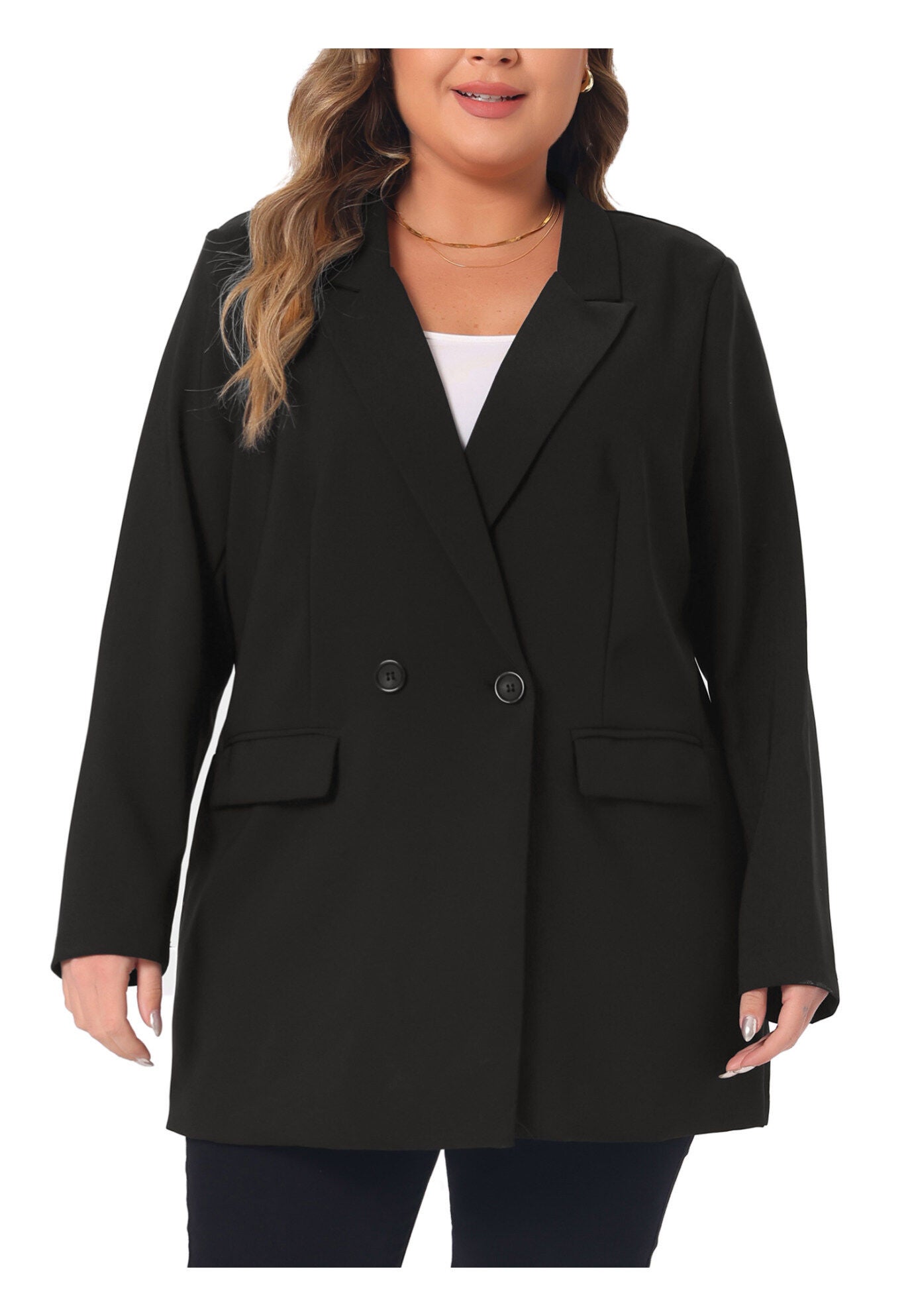 LAPEL BUTTON OFFICE WORK BLAZER, Black / Black, alternate image number 2