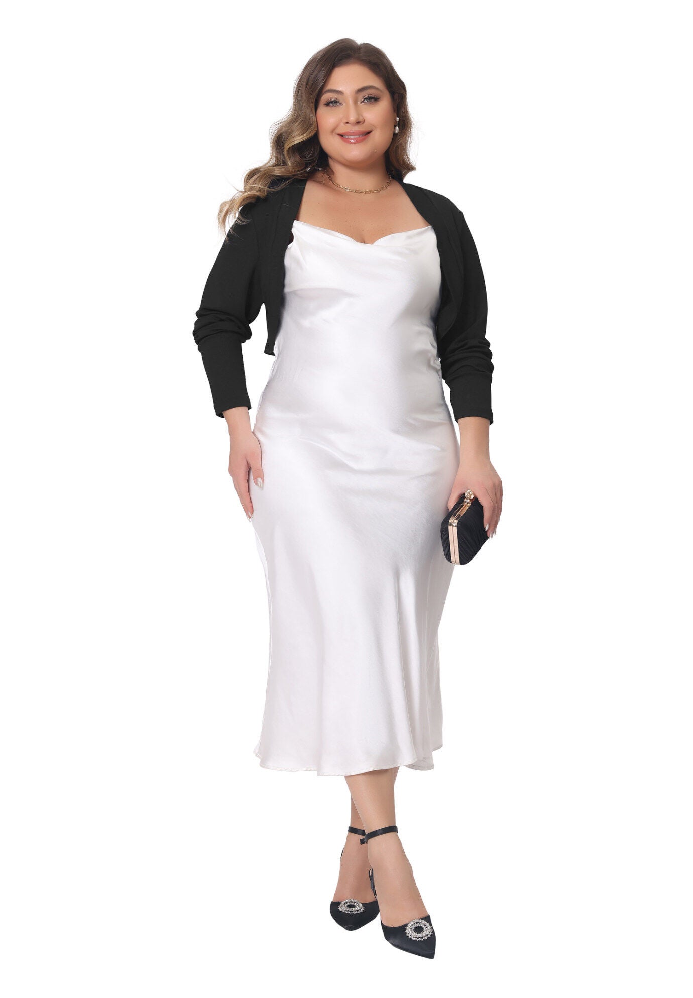 CROPPED LONG SLEEVE OPEN FRONT BOLERO SHRUG, Black / Black, hi-res image number 0