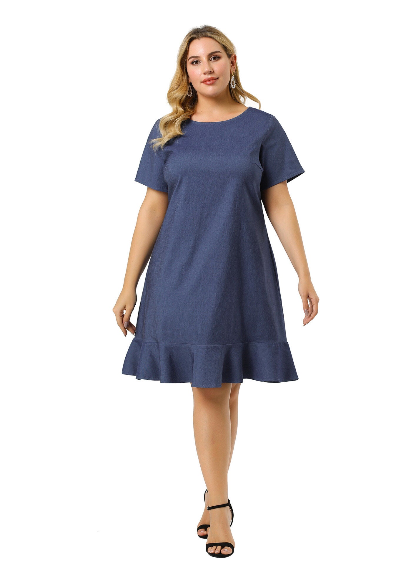 Ruffle Hem Casual Short Sleeve Chambray Dress, Blue / Chambray Denim Medium, hi-res image number 0